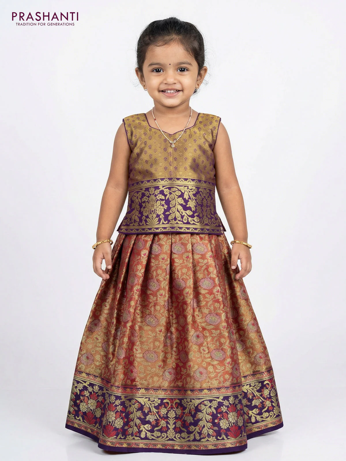 Pure silk tissue unstitched kids lehenga dual shade of pinkish gold and violet with allover zari woven brocade weaves and rich zari woven border - Image 2