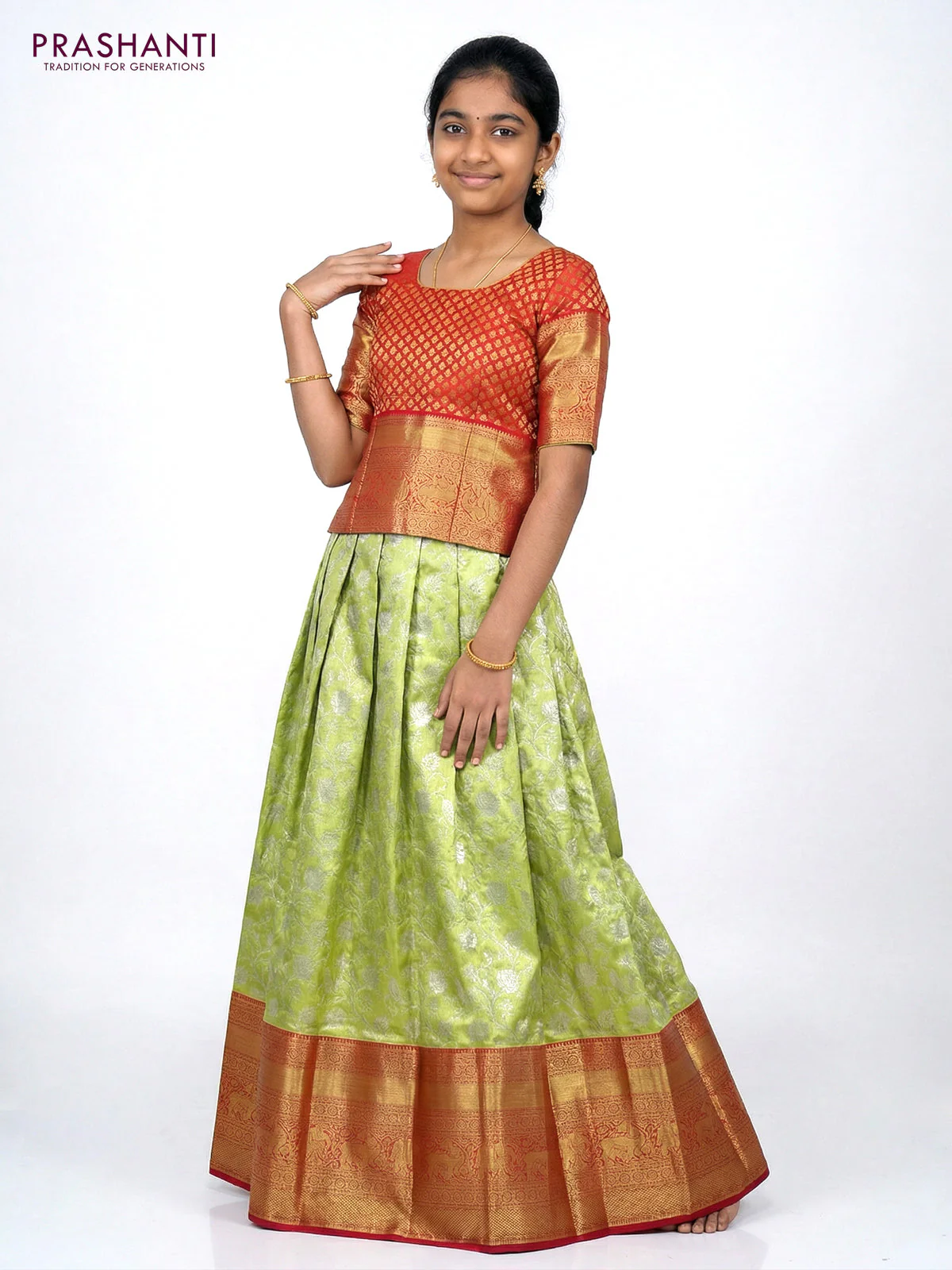 Pure silk tissue unstitched kids lehenga fluorescent green and maroon with allover silver zari woven brocade weaves and long zari woven border - Image 2