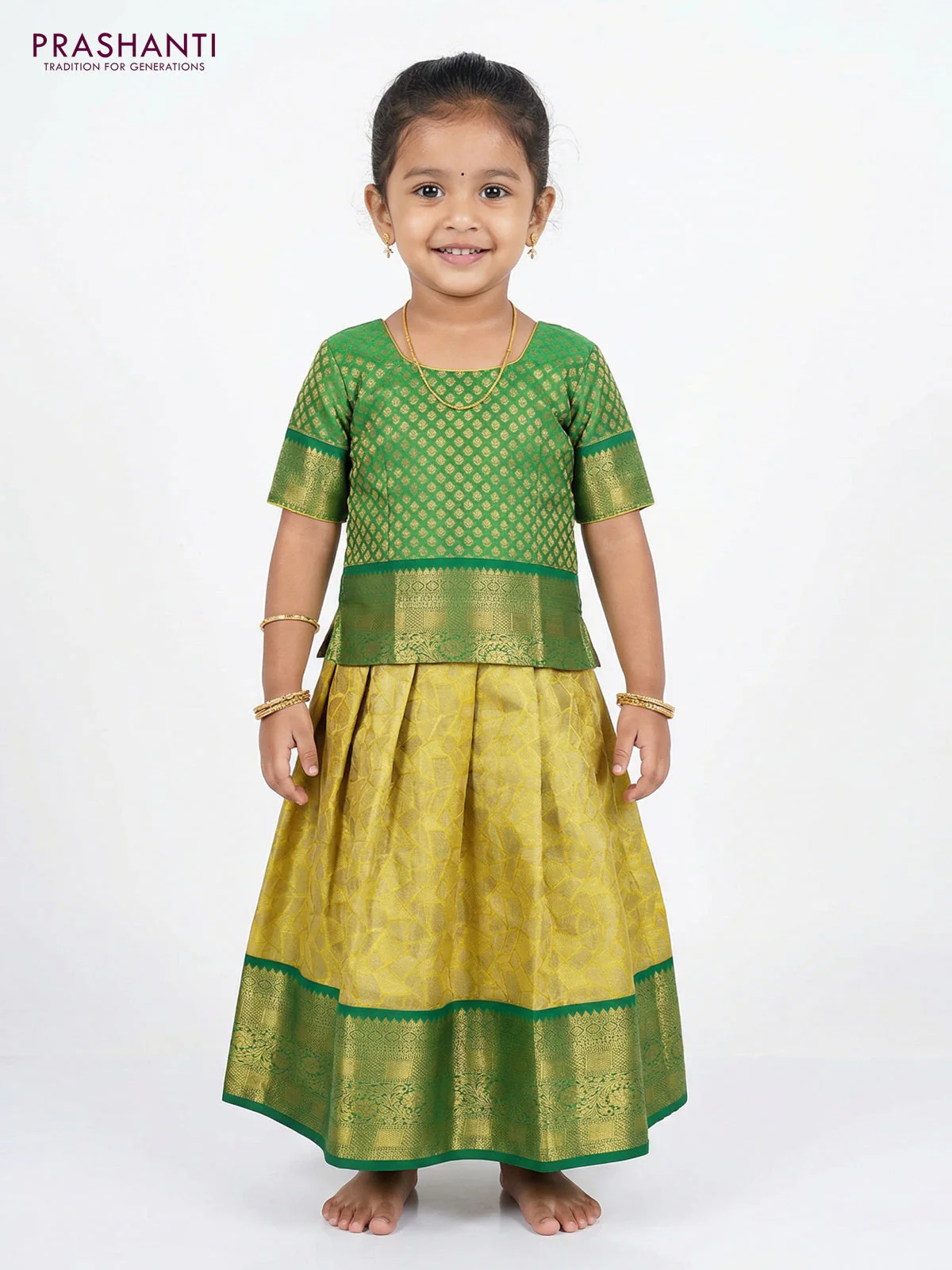 Pure silk tissue unstitched kids lehenga gold and green with allover zari woven brocade weaves and rich zari woven border - Image 2