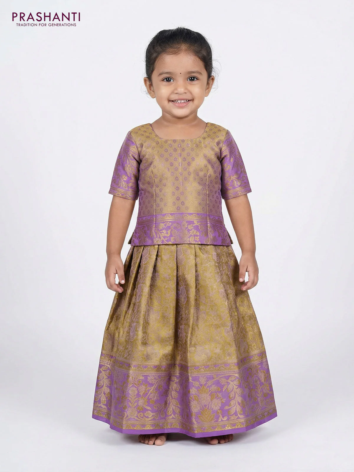 Pure silk tissue unstitched kids lehenga gold and lavender with allover zari woven brocade weaves and rich zari woven border - Image 2