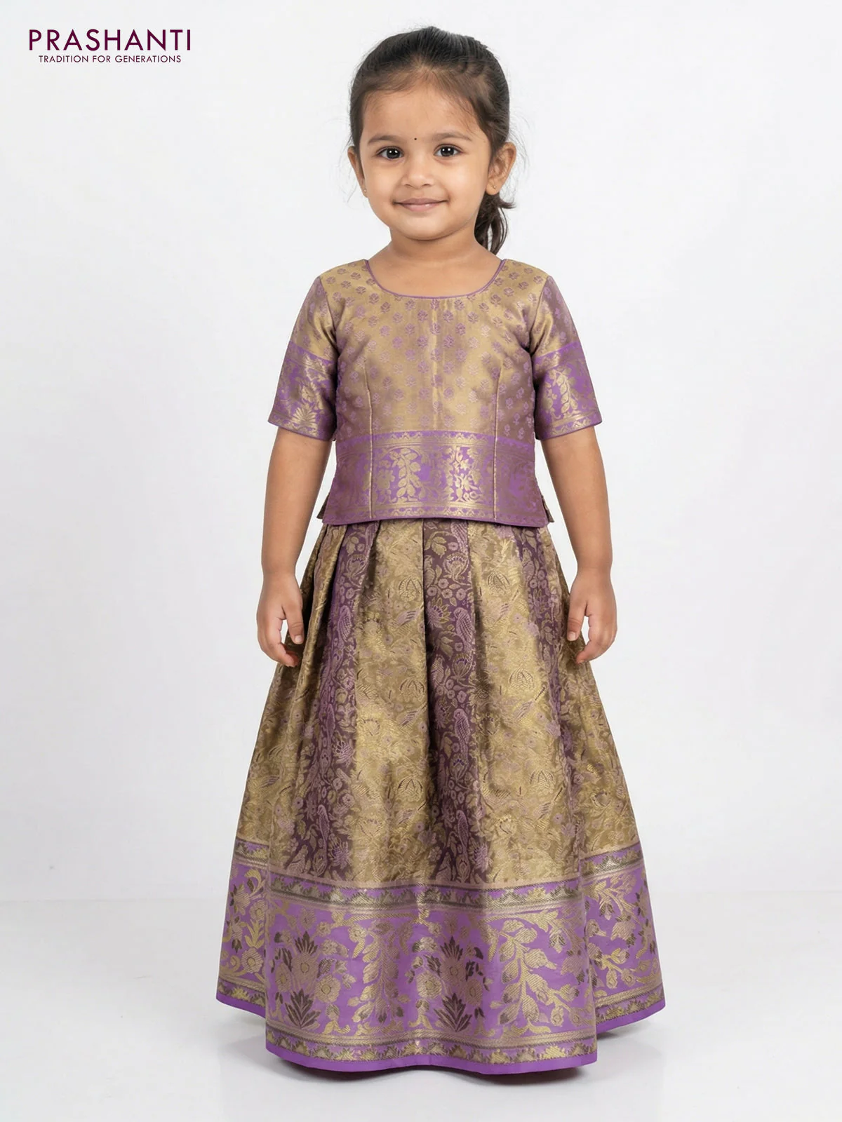 Pure silk tissue unstitched kids lehenga gold and lavender with allover zari woven brocade weaves and rich zari woven border - Image 2
