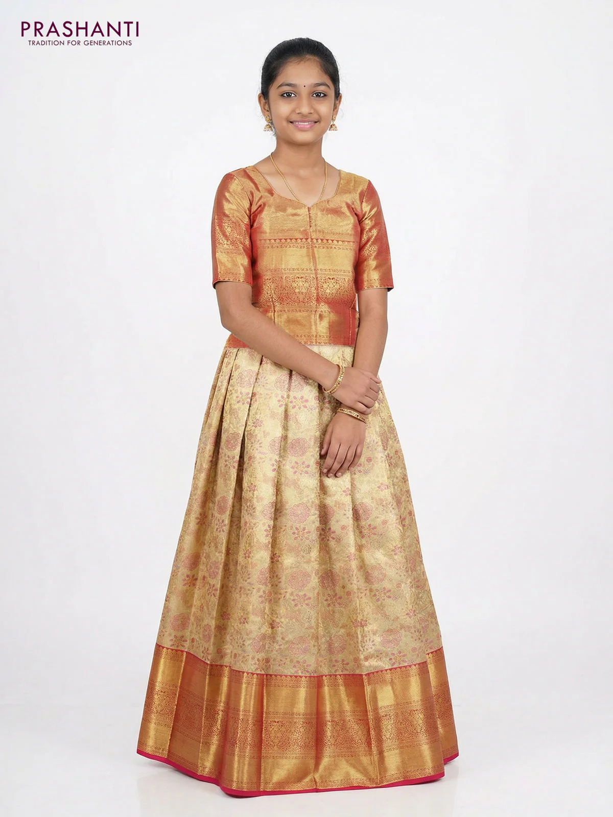 Pure silk tissue unstitched kids lehenga gold and pink with allover zari woven brocade weaves and long zari woven border - Image 2