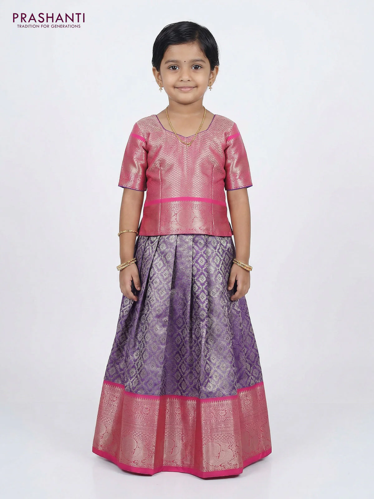 Pure silk tissue unstitched kids lehenga lavender and peach pink with allover silver zari woven brocade weaves and rich zari woven border - Image 2