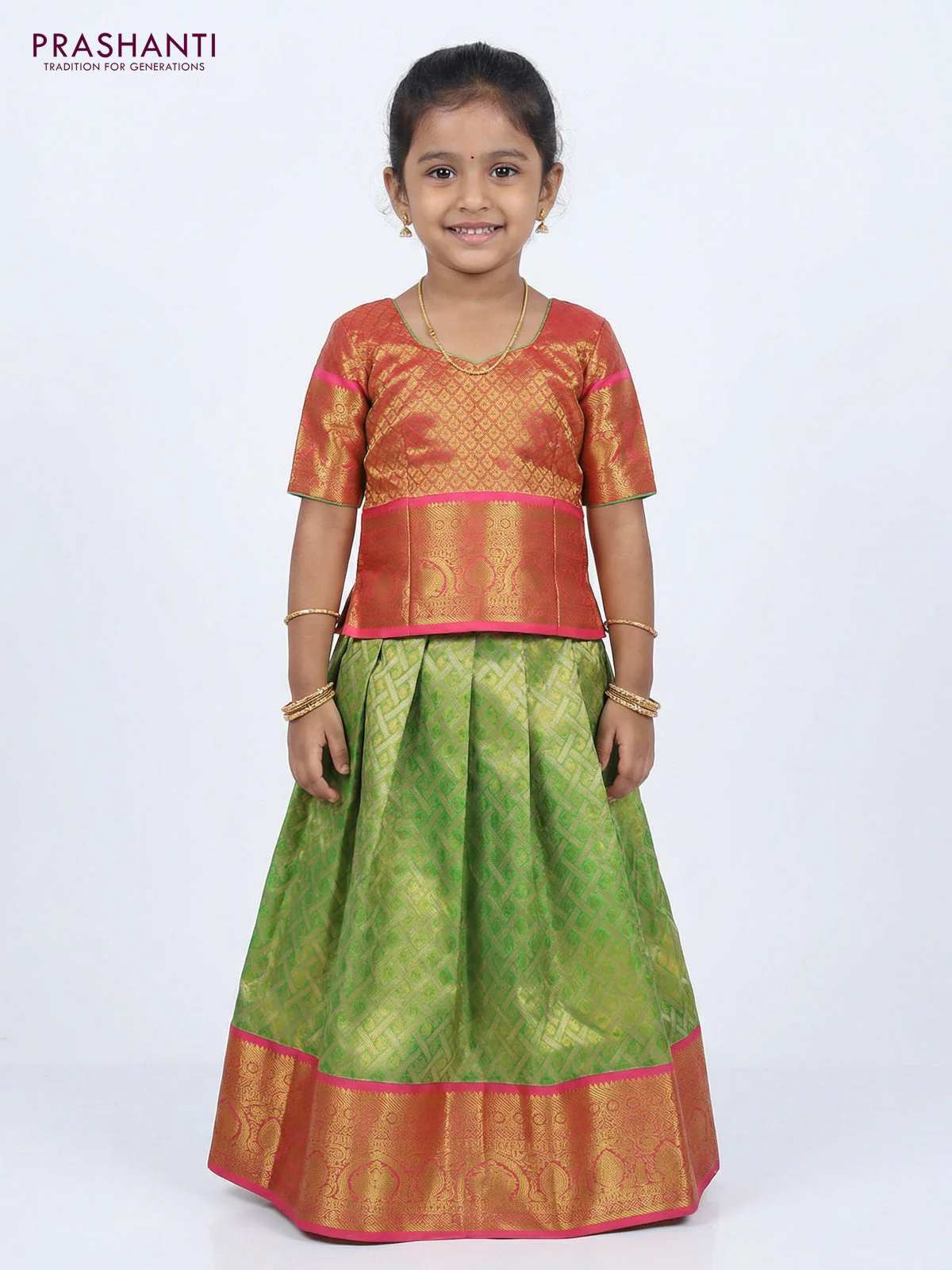 Pure silk tissue unstitched kids lehenga light green and peach pink with allover zari woven brocade weaves and rich zari woven border - Image 2