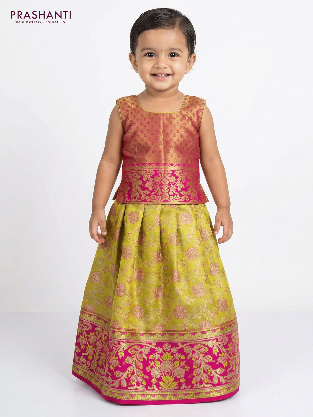 Pure silk tissue unstitched kids lehenga lime green and magenta pink with allover zari woven brocade weaves and rich zari woven border - Image 2