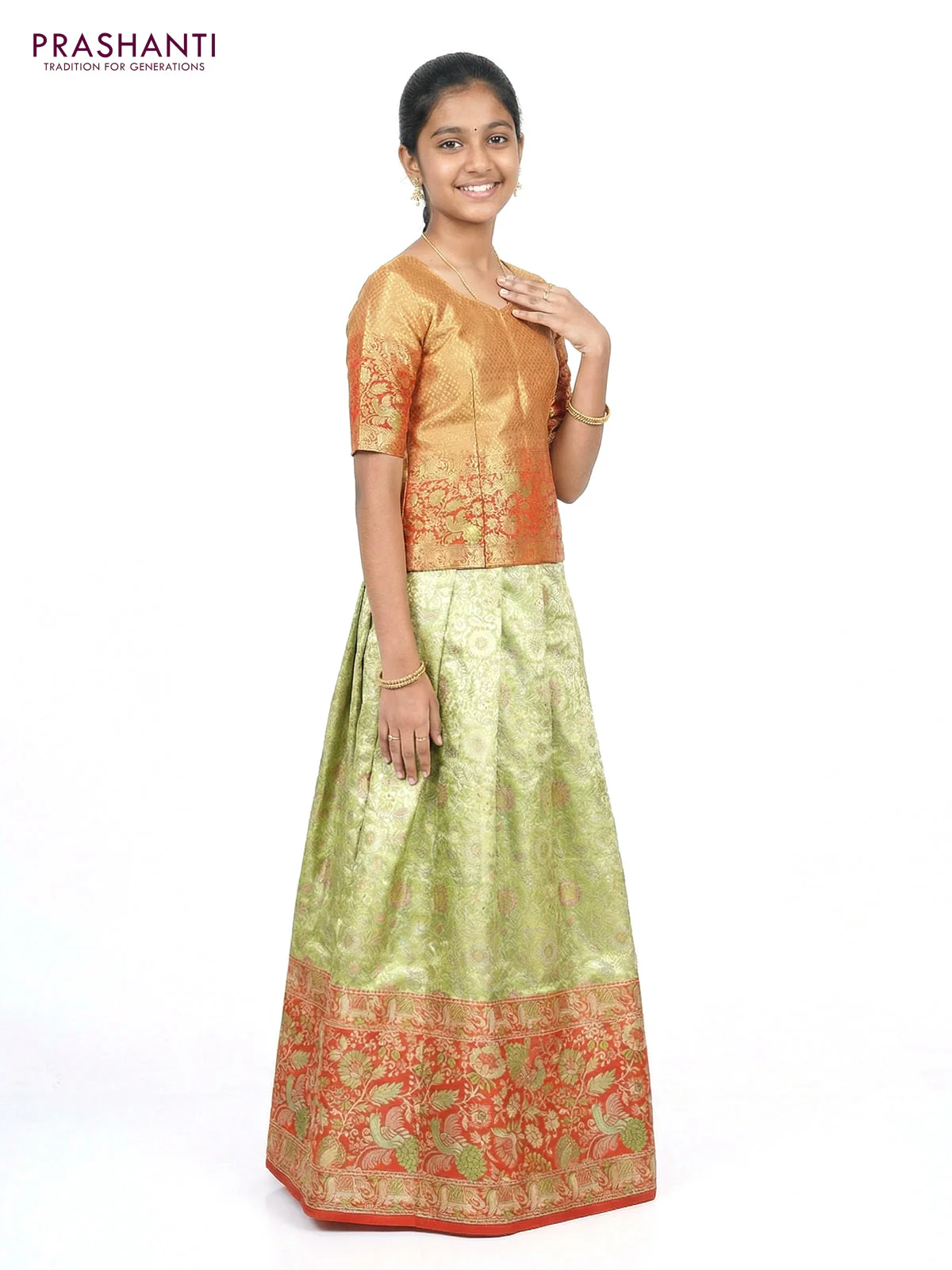 Pure silk tissue unstitched kids lehenga lime green and red with allover zari woven brocade weaves and long zari woven border - Image 2