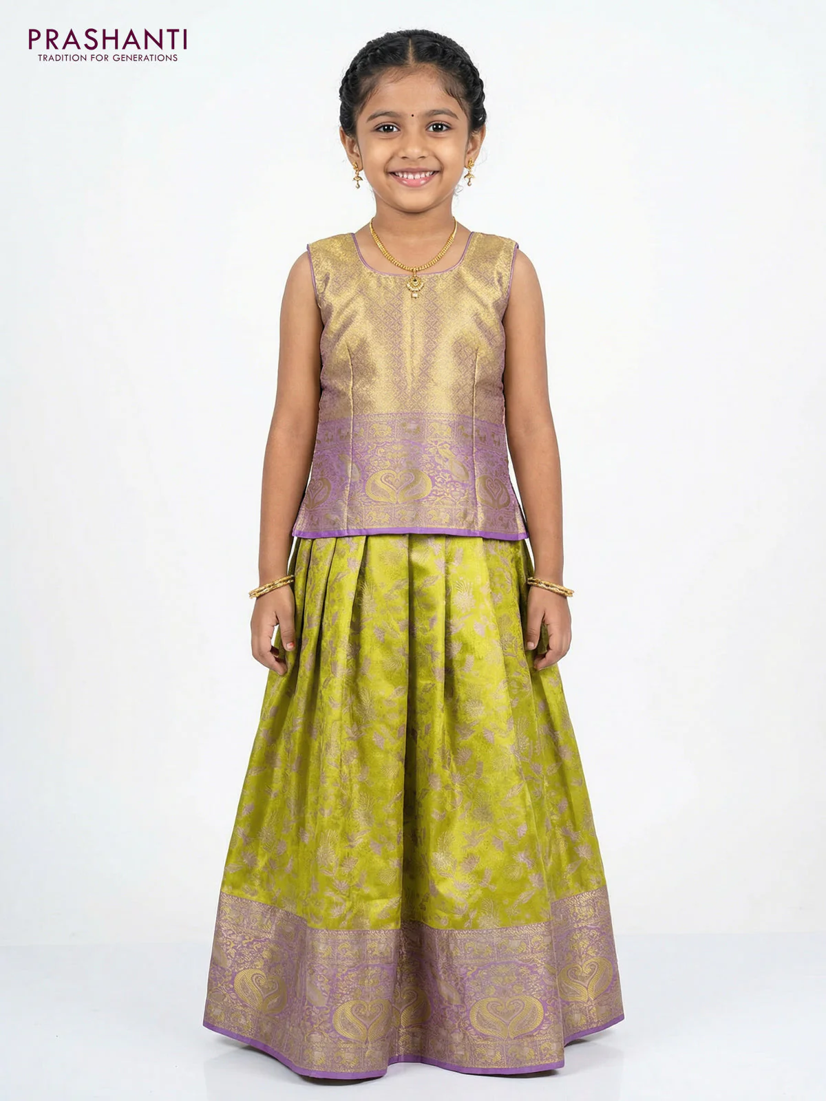 Pure silk tissue unstitched kids lehenga lime yellow and lavender with allover zari woven brocade weaves and rich zari woven border - Image 2