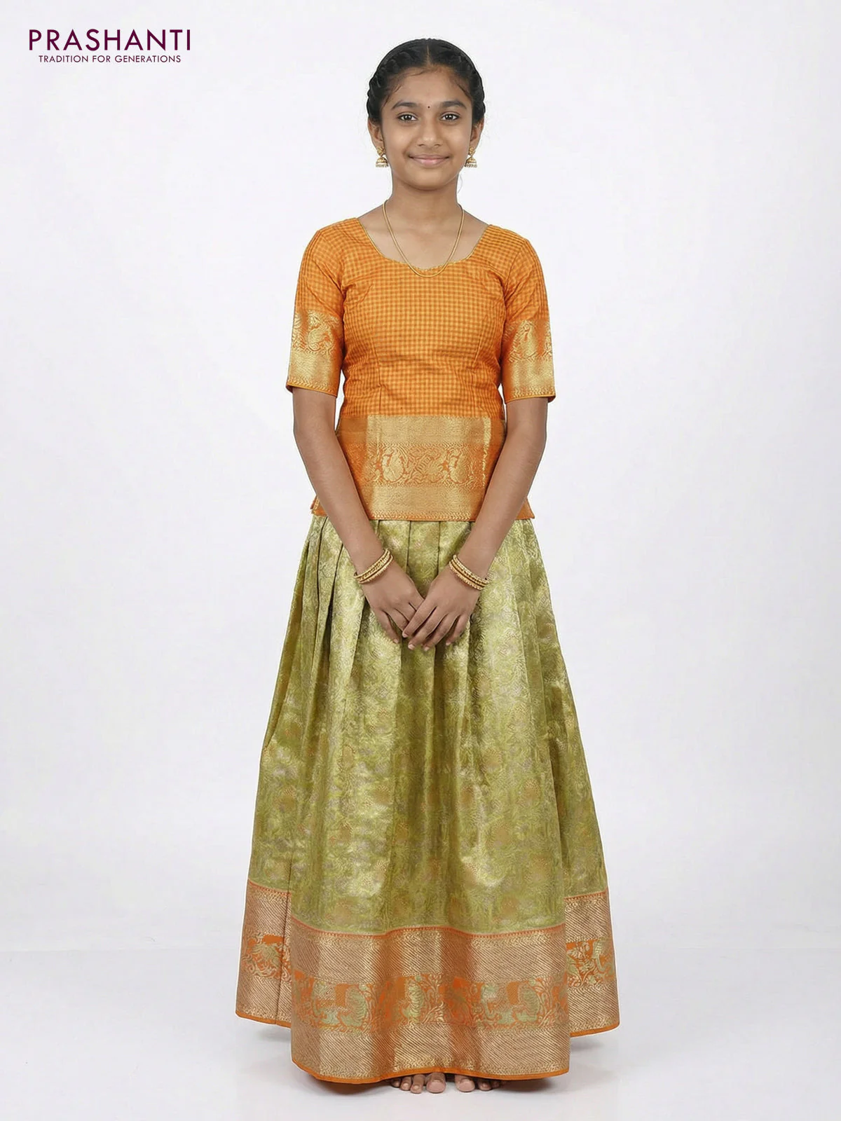 Pure silk tissue unstitched kids lehenga lime yellow and orange with allover silver zari woven brocade weaves and long zari woven border - Image 2