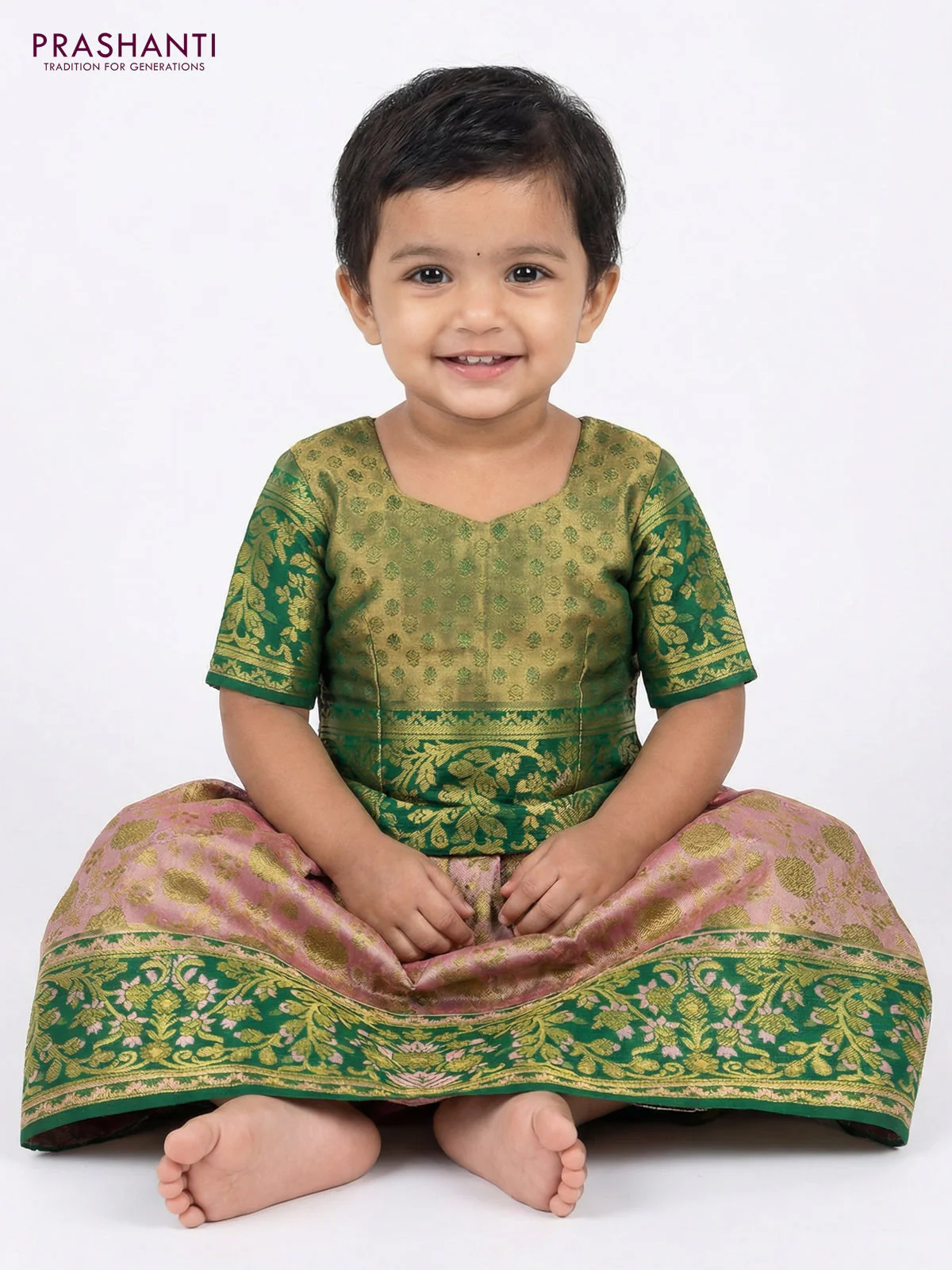 Pure silk tissue unstitched kids lehenga mild peach and green with allover zari woven brocade weaves and rich zari woven border - Image 2