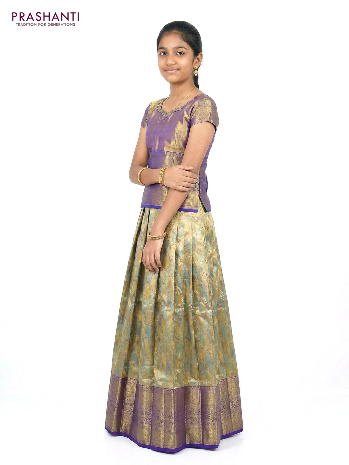 Pure silk tissue unstitched kids lehenga multi colour and blue with allover zari woven brocade weaves and long zari woven border - Image 2