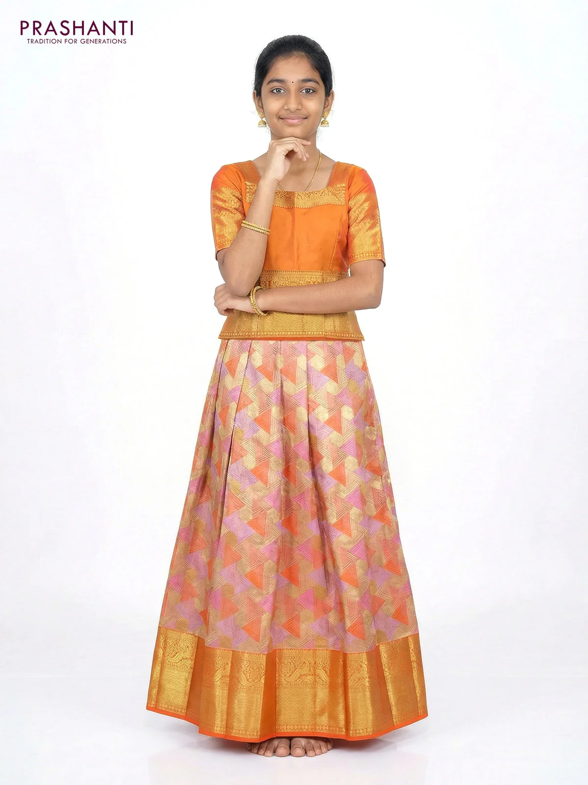 Pure silk tissue unstitched kids lehenga multi colour and orange with allover zari woven geometric brocade weaves and long zari woven border - Image 2