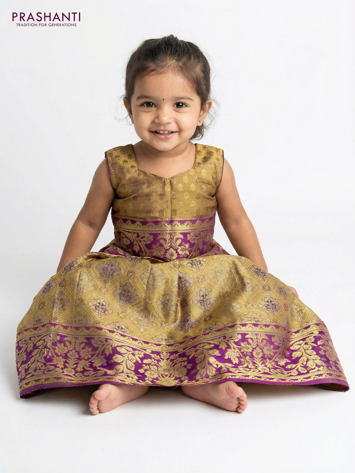 Pure silk tissue unstitched kids lehenga mustard yellow and purple with allover zari woven brocade weaves and rich zari woven border - Image 2