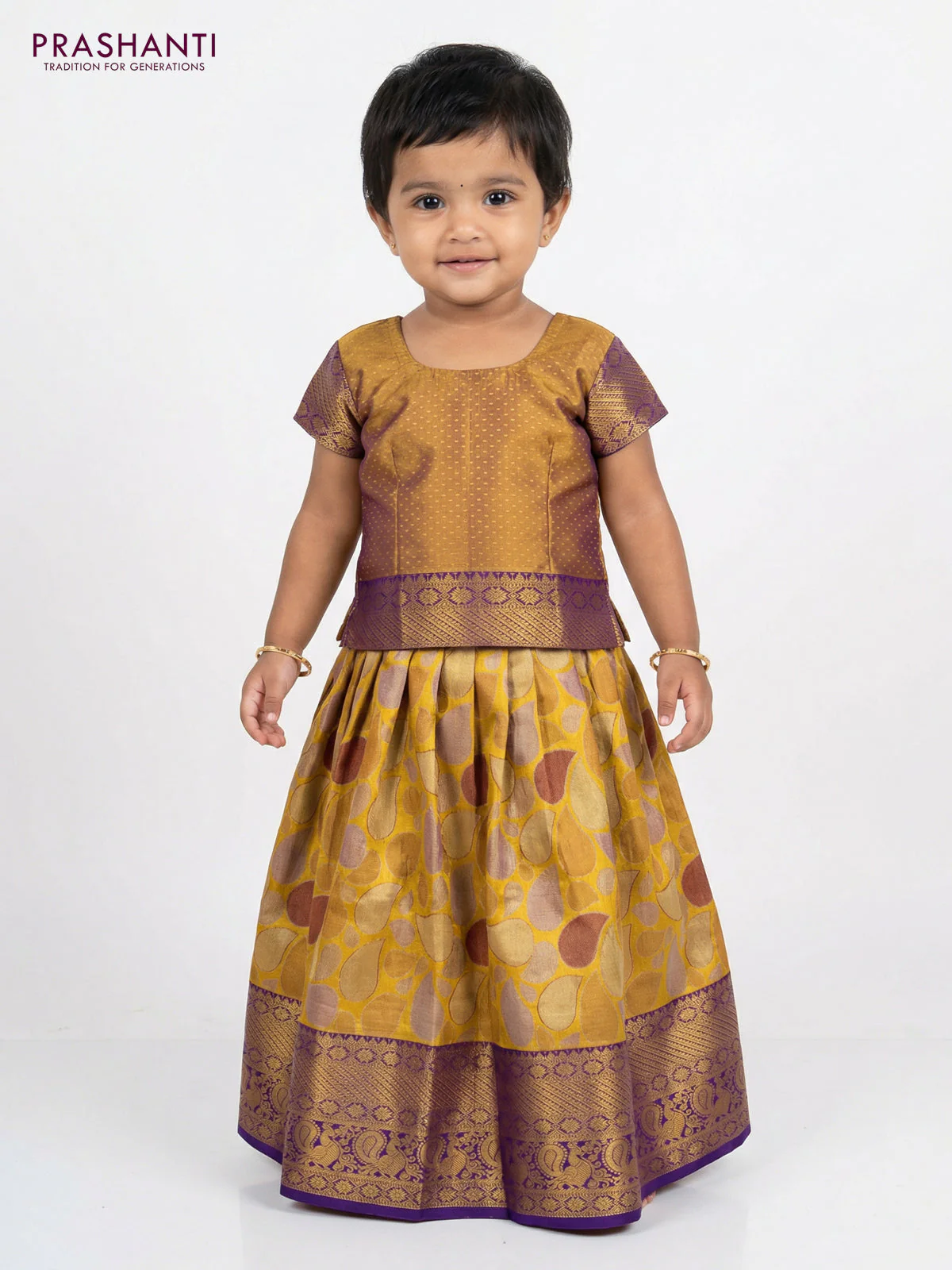 Pure silk tissue unstitched kids lehenga mustard yellow and violet with allover zari woven brocade weaves and rich zari woven border - Image 2