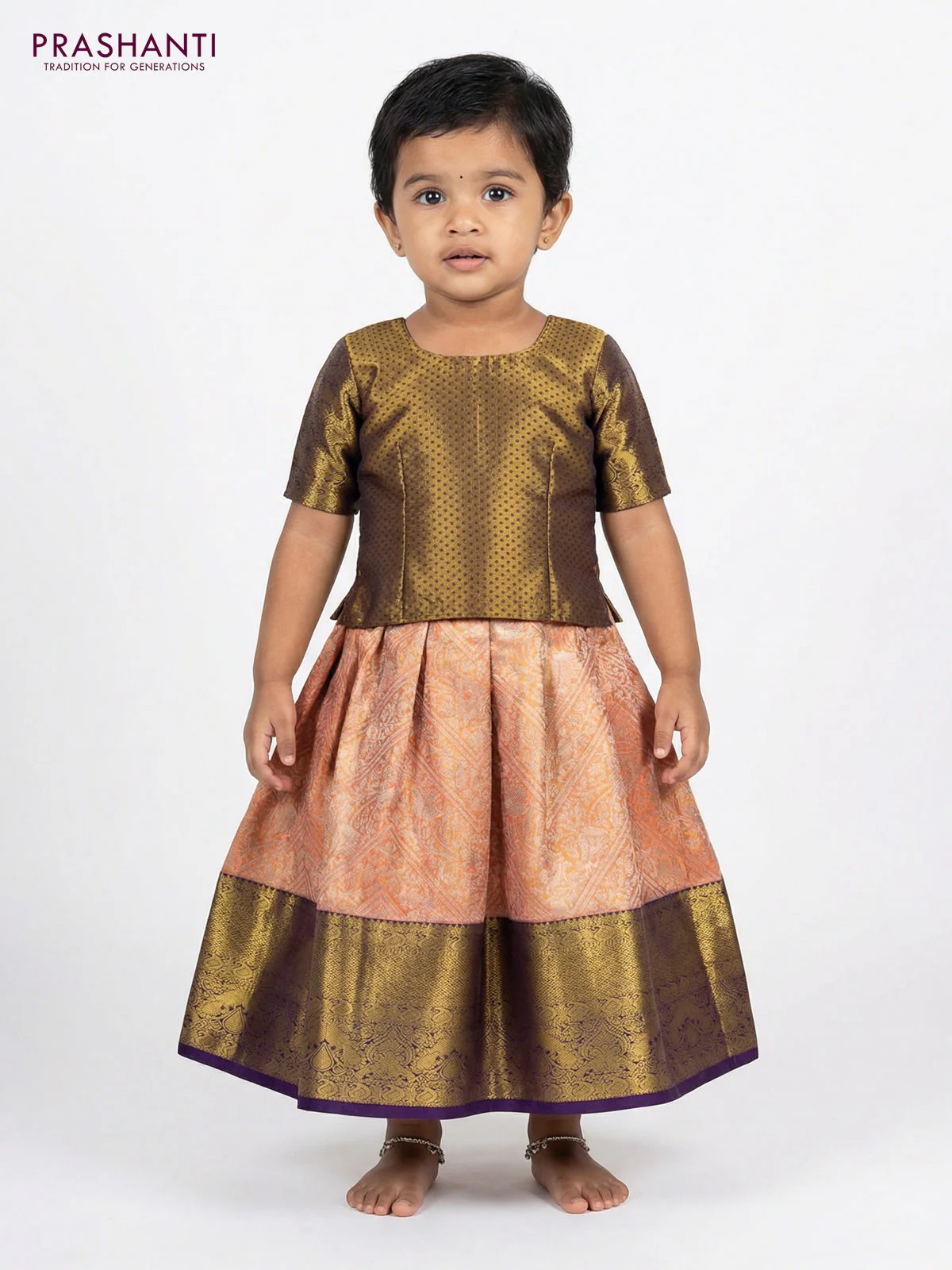 Pure silk tissue unstitched kids lehenga orange and dark blue with allover silver zari woven brocade weaves and rich zari woven border - Image 2