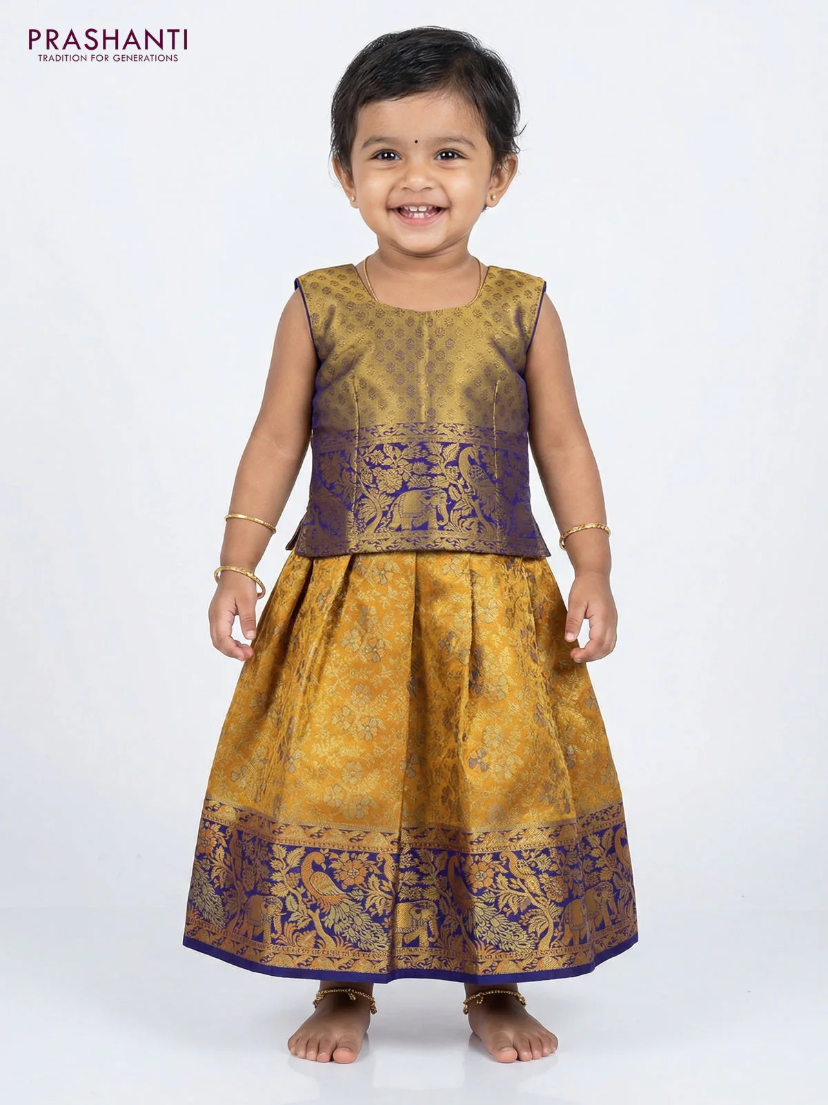 Pure silk tissue unstitched kids lehenga orange and violet with allover zari woven brocade weaves and rich zari woven border - Image 2