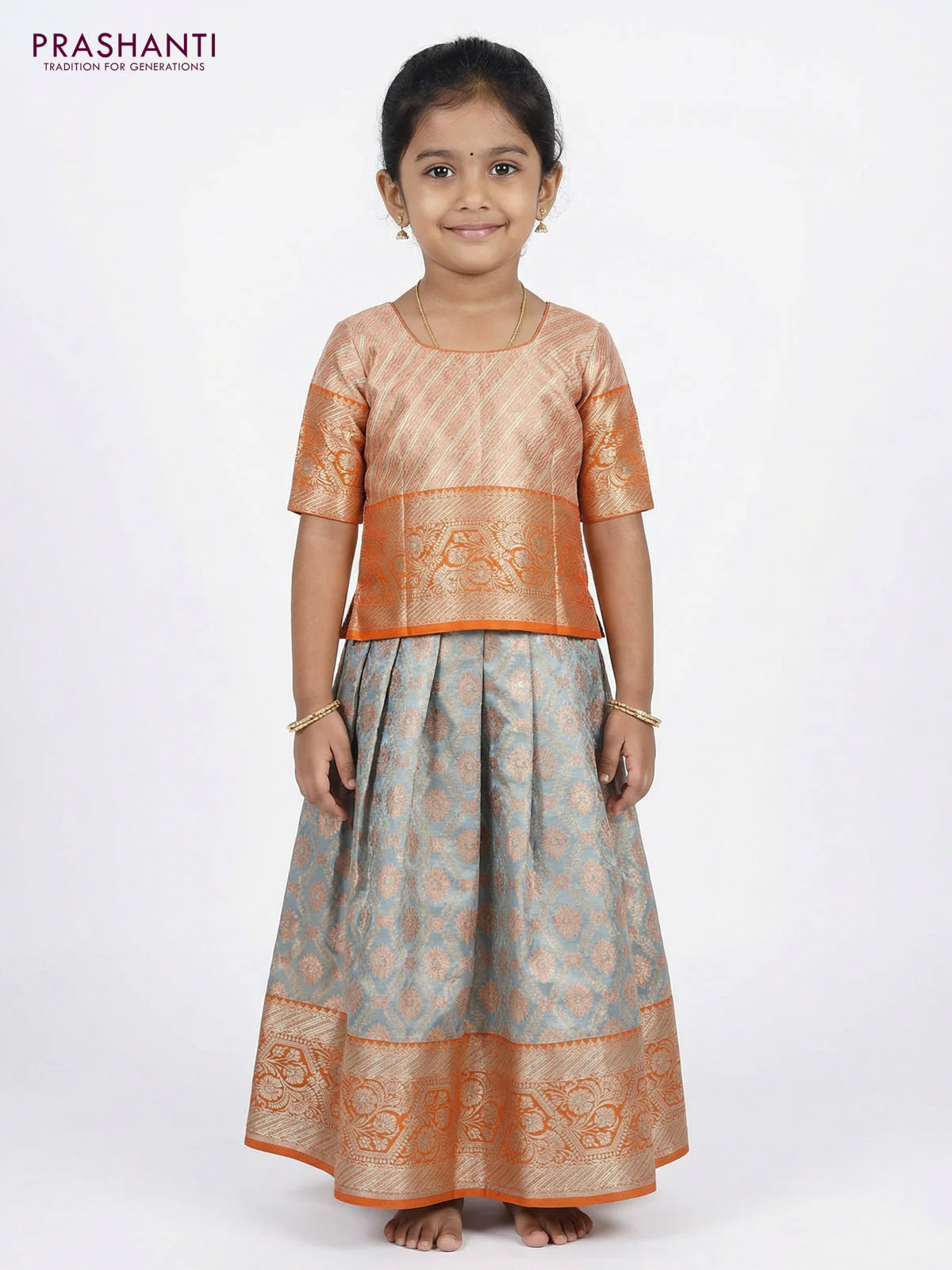 Pure silk tissue unstitched kids lehenga pastel blue and orange with allover silver zari woven brocade weaves and rich zari woven border - Image 2