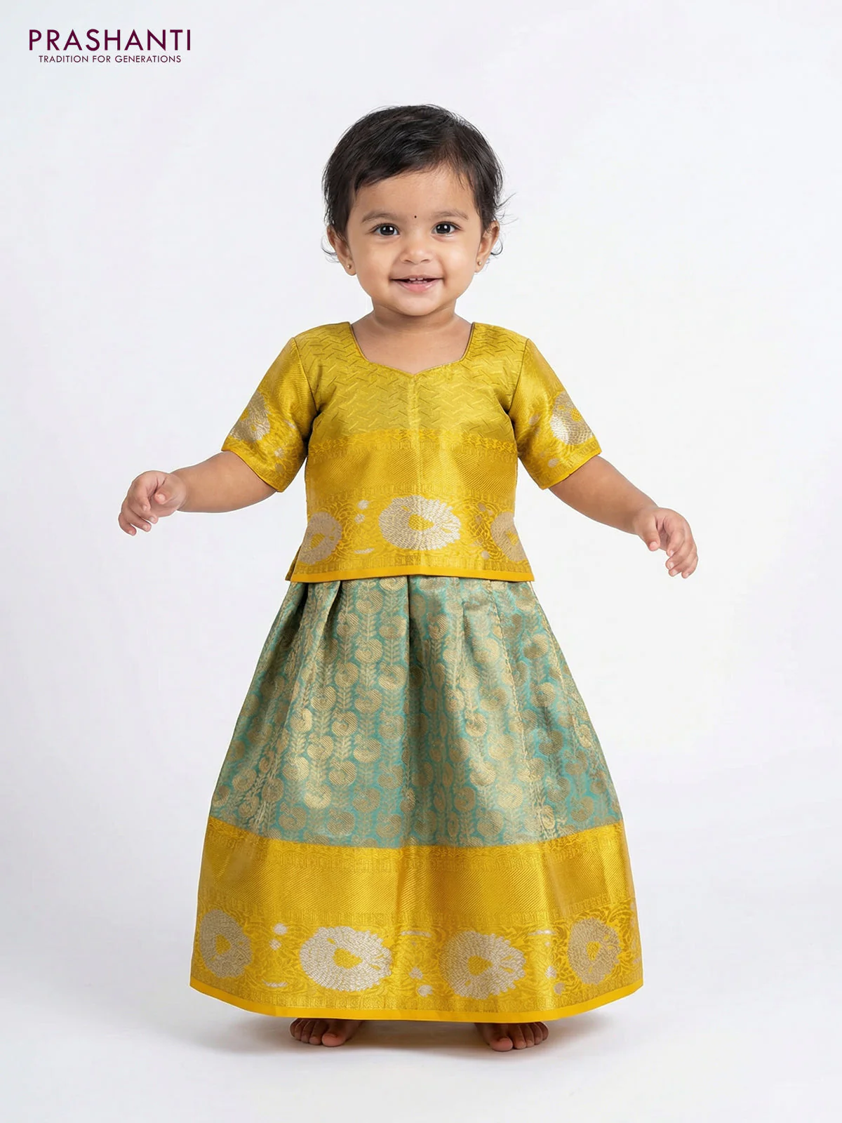 Pure silk tissue unstitched kids lehenga pastel blue and yellow with allover zari woven annam brocade weaves and rich zari woven border - Image 2