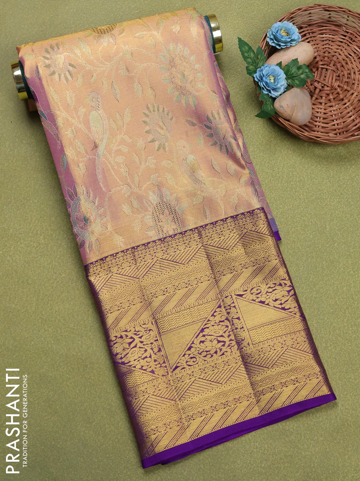 Pure silk tissue unstitched kids lehenga pastel peach pink and violet with allover zari woven brocade weaves and long zari woven border