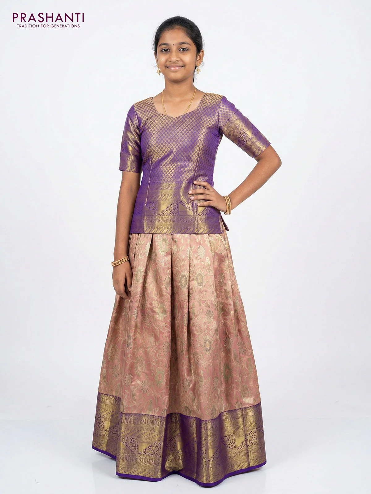 Pure silk tissue unstitched kids lehenga pastel peach pink and violet with allover zari woven brocade weaves and long zari woven border - Image 2
