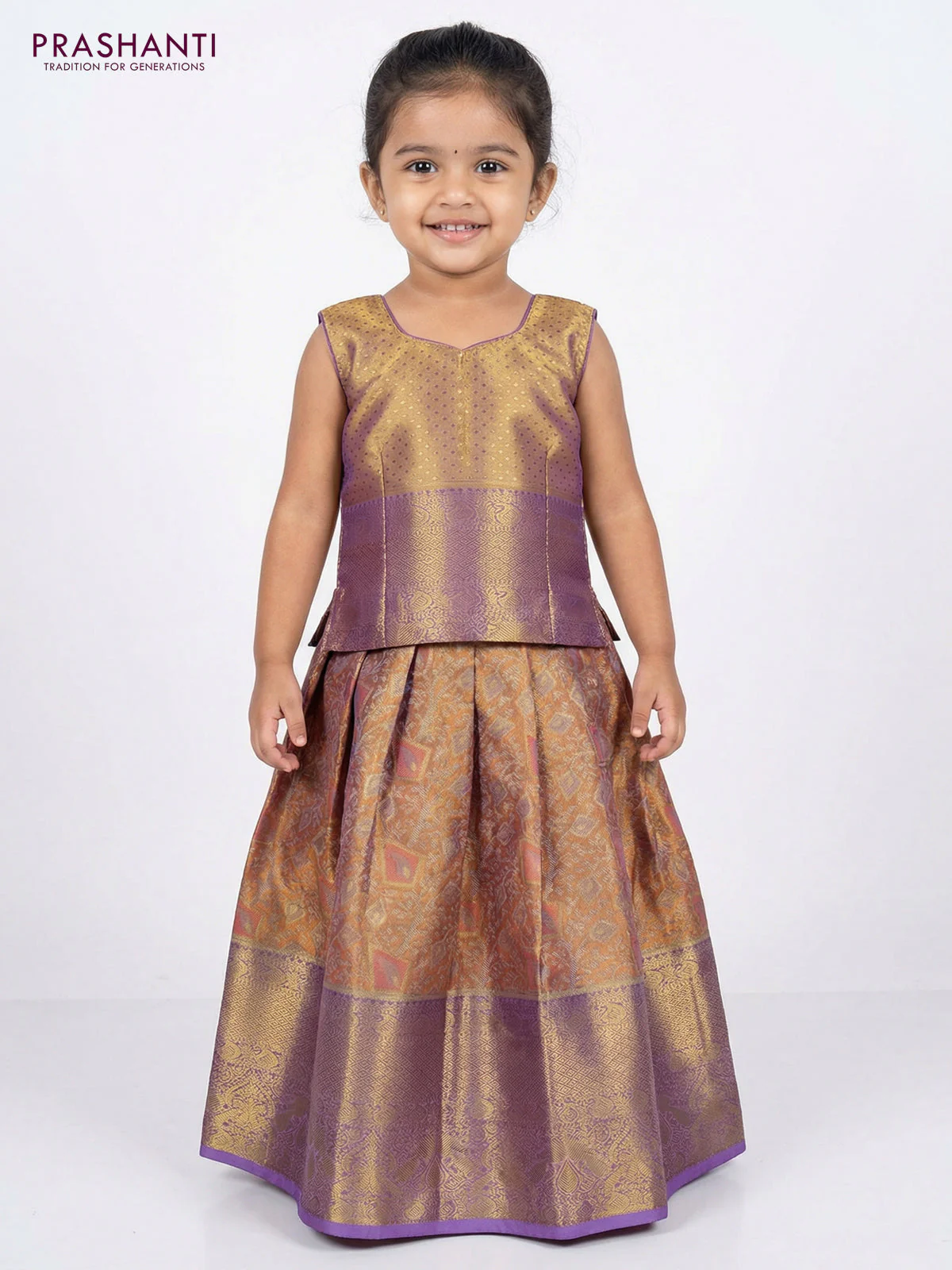 Pure silk tissue unstitched kids lehenga peach shade and lavender with allover zari woven brocade weaves and rich zari woven border - Image 2