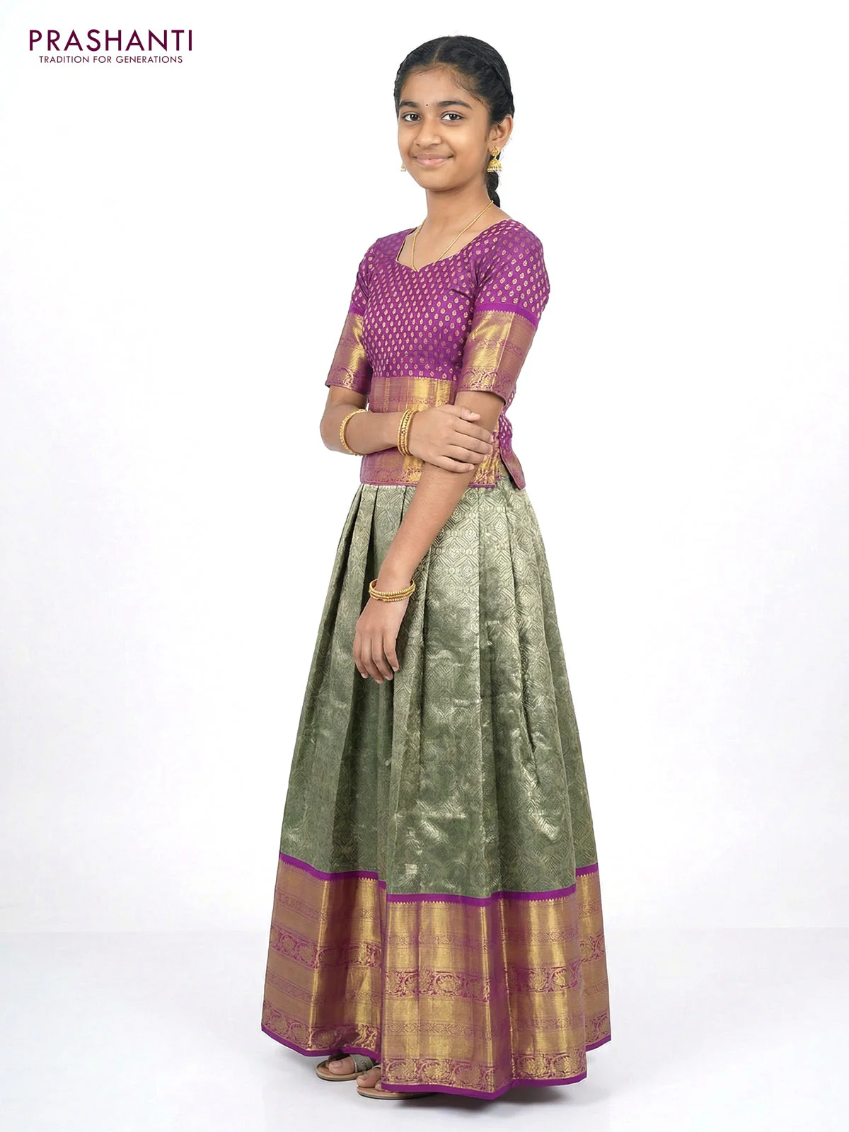 Pure silk tissue unstitched kids lehenga sap green and purple with allover silver zari woven brocade weaves and long zari woven border - Image 2