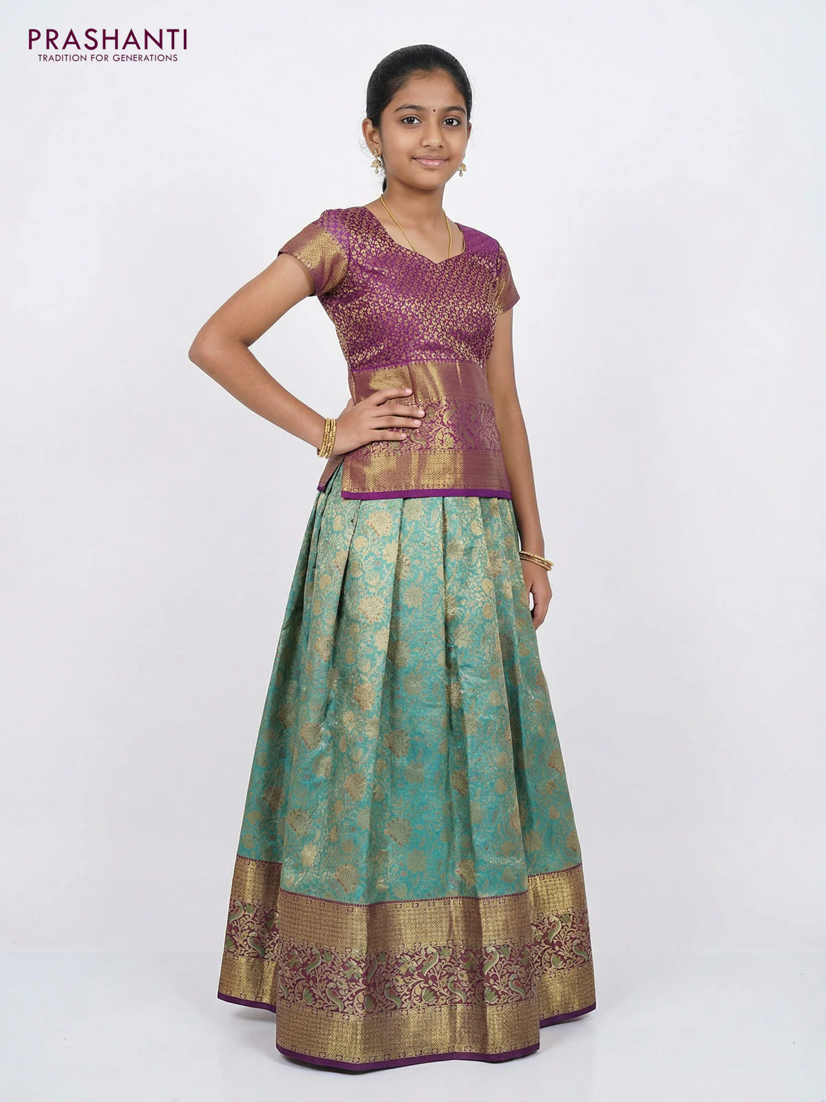 Pure silk tissue unstitched kids lehenga teal blue and purple with allover zari woven brocade weaves and long zari woven border - Image 2
