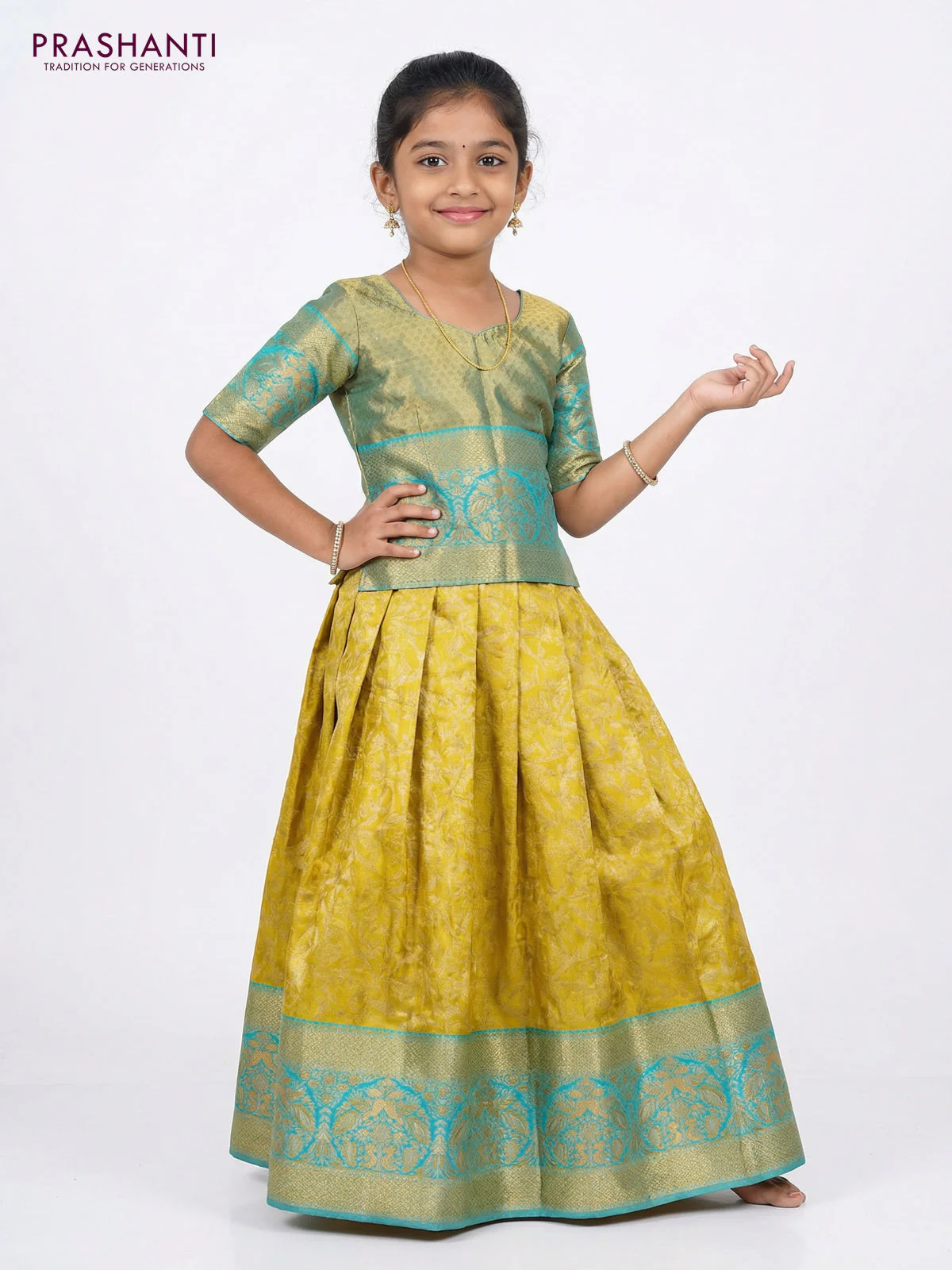 Pure silk tissue unstitched kids lehenga yellow and light blue with allover zari woven brocade weaves and rich zari woven border - Image 2