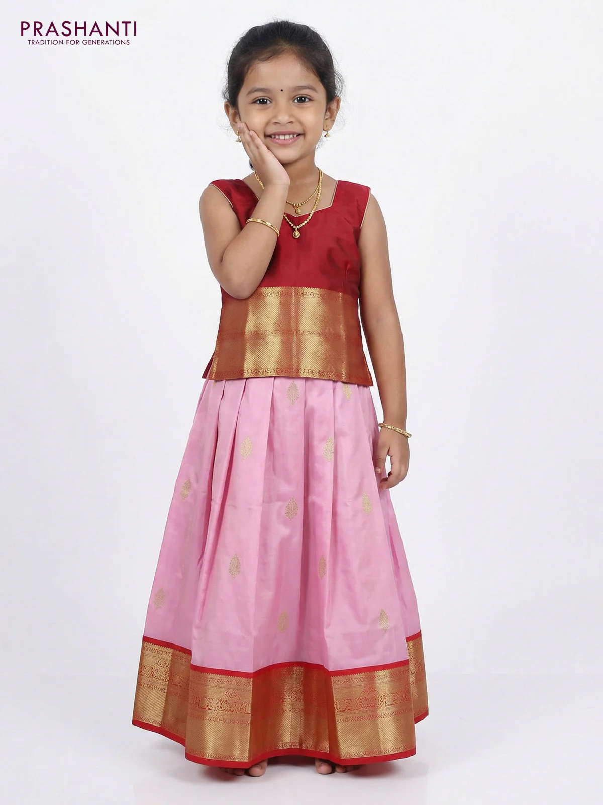 Pure silk unstitched kids lehenga baby pink and red with zari woven buttas and rich zari woven border - Image 2