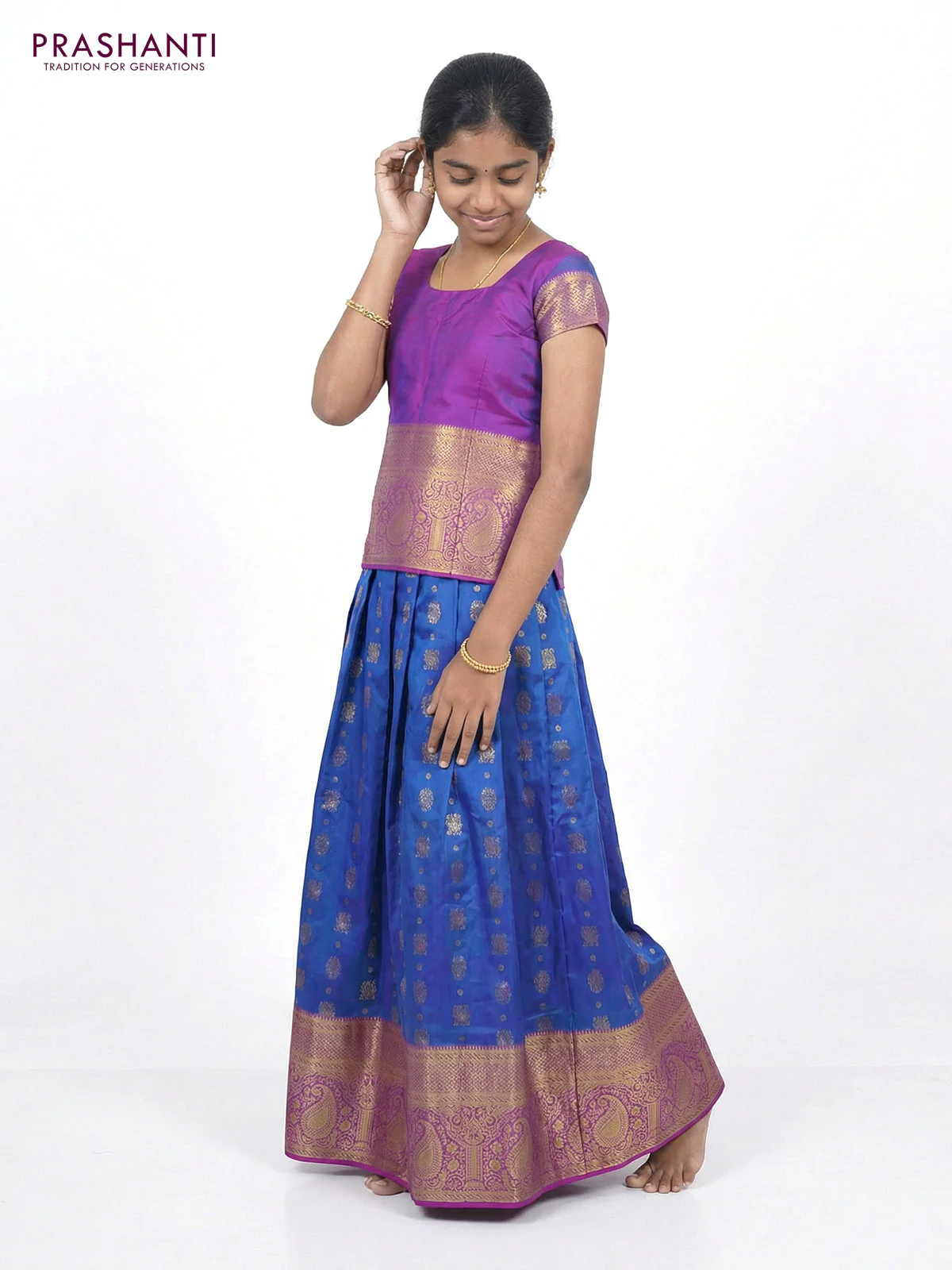 Pure silk unstitched kids lehenga blue and purple with allover zari woven annam & rudhuraksha buttas and long zari woven border - Image 2