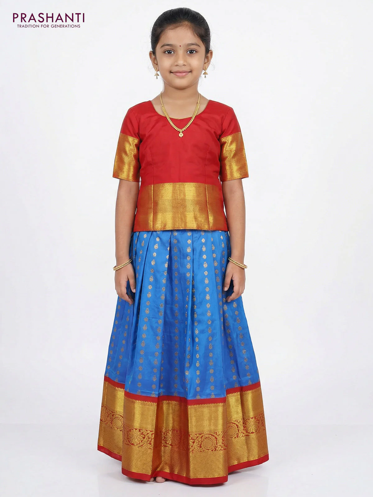 Pure silk unstitched kids lehenga blue and red with allover zari woven buttas and long zari woven border - Image 2