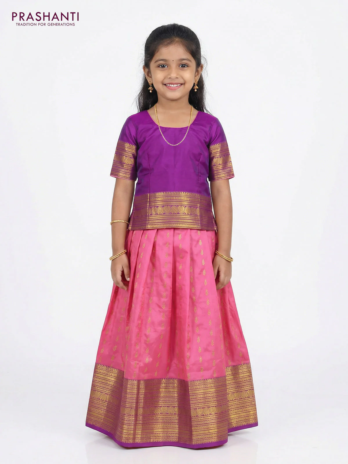 Pure silk unstitched kids lehenga candy pink and purple with allover zari woven buttas and zari woven border - Image 2