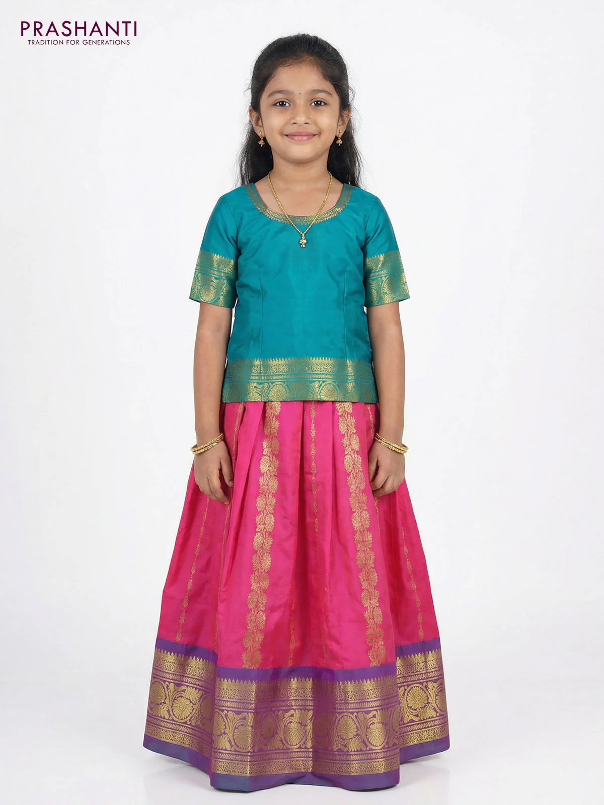 Pure silk unstitched kids lehenga candy pink and teal green with allover zari weaves and rich zari woven border - Image 2