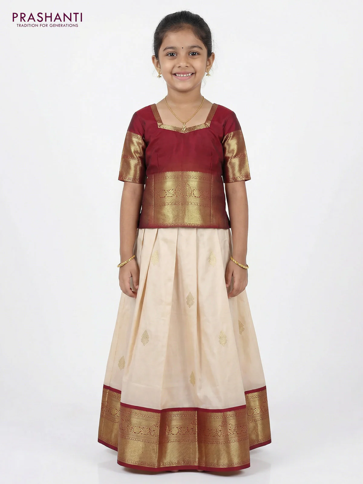 Pure silk unstitched kids lehenga cream and maroon with zari woven buttas and rich zari woven border - Image 2