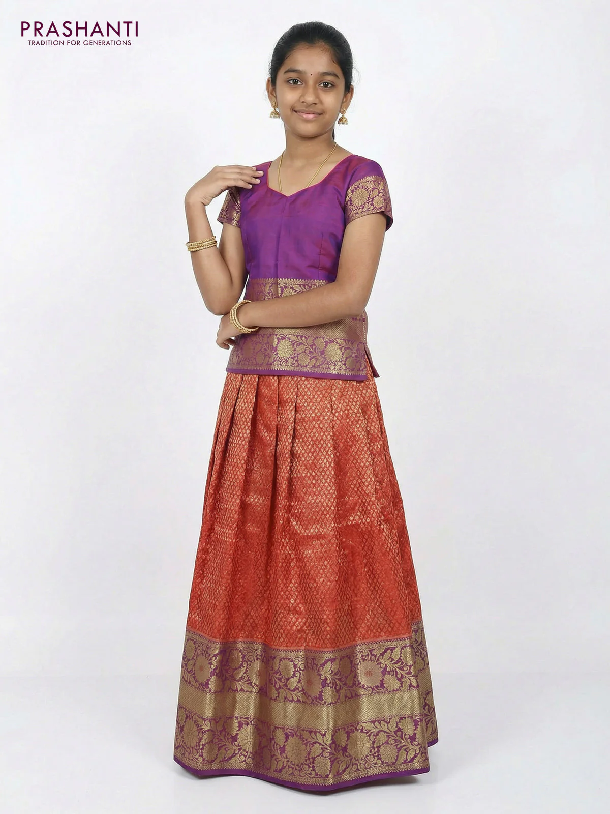 Pure silk unstitched kids lehenga dark pink and purple with allover silver zari woven brocade weaves and long floral zari woven border - Image 2