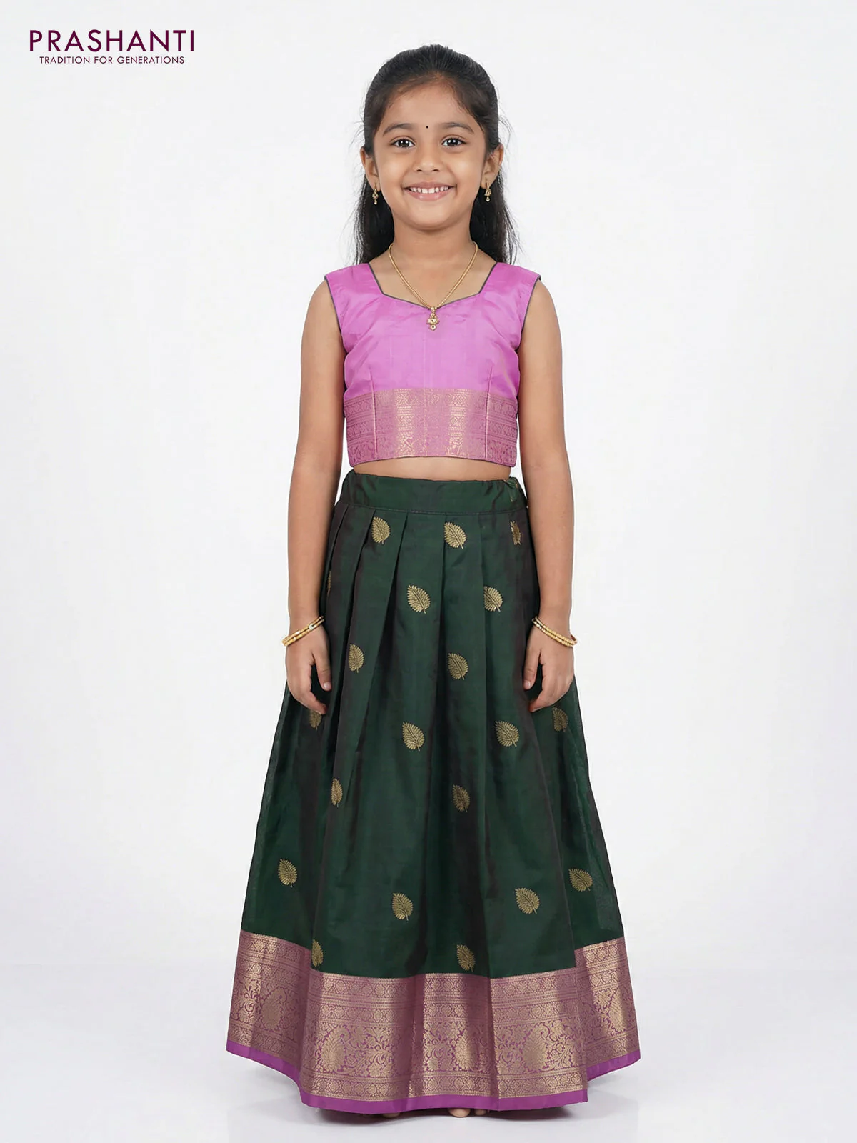 Pure silk unstitched kids lehenga dual shade of bottle green and lotus pink with zari woven buttas and rich zari woven border - Image 2