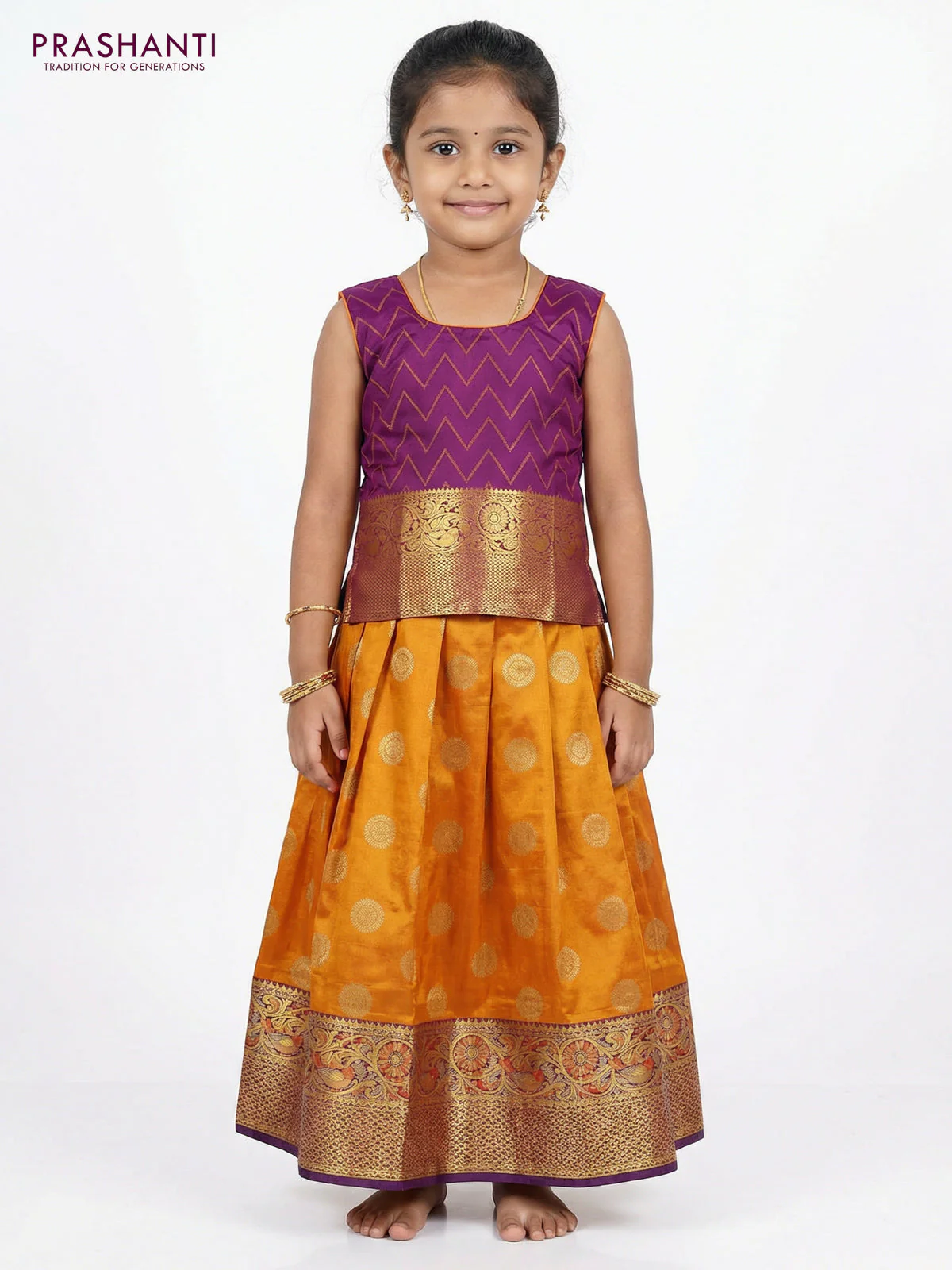 Pure silk unstitched kids lehenga dual shade of mango yellow and violet with allover silver zari woven buttas and rich zari woven border - Image 2