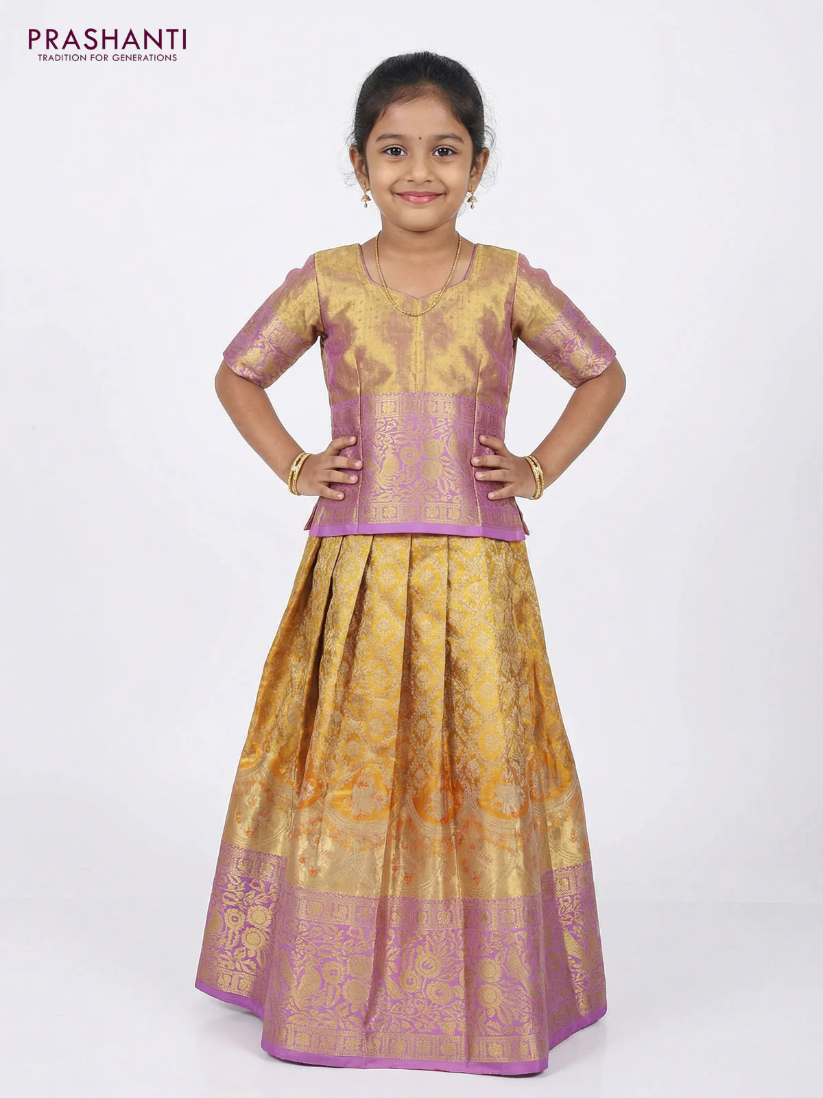 Pure silk unstitched kids lehenga dual shade of orange and lavender with allover silver zari woven brocade weaves and long zari woven border - Image 2