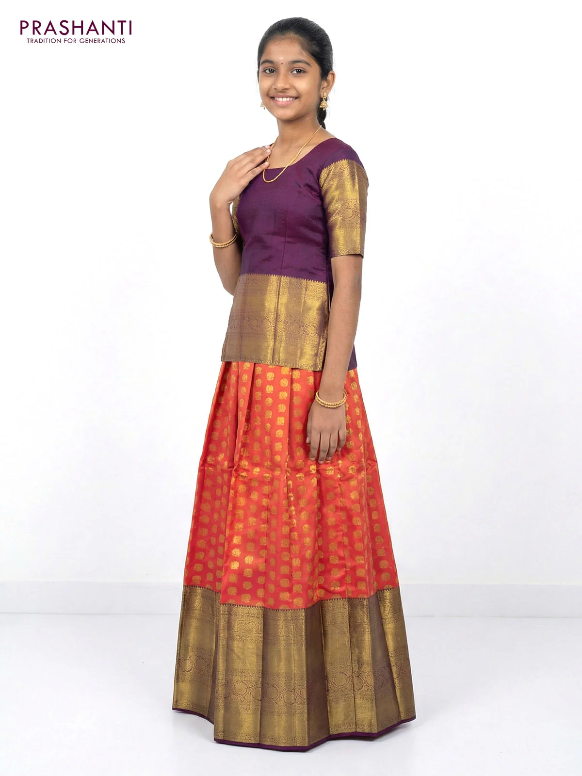 Pure silk unstitched kids lehenga dual shade of pinkish orange and deep purple with allover zari woven rudhraksha & annam buttas and long zari woven border - Image 2