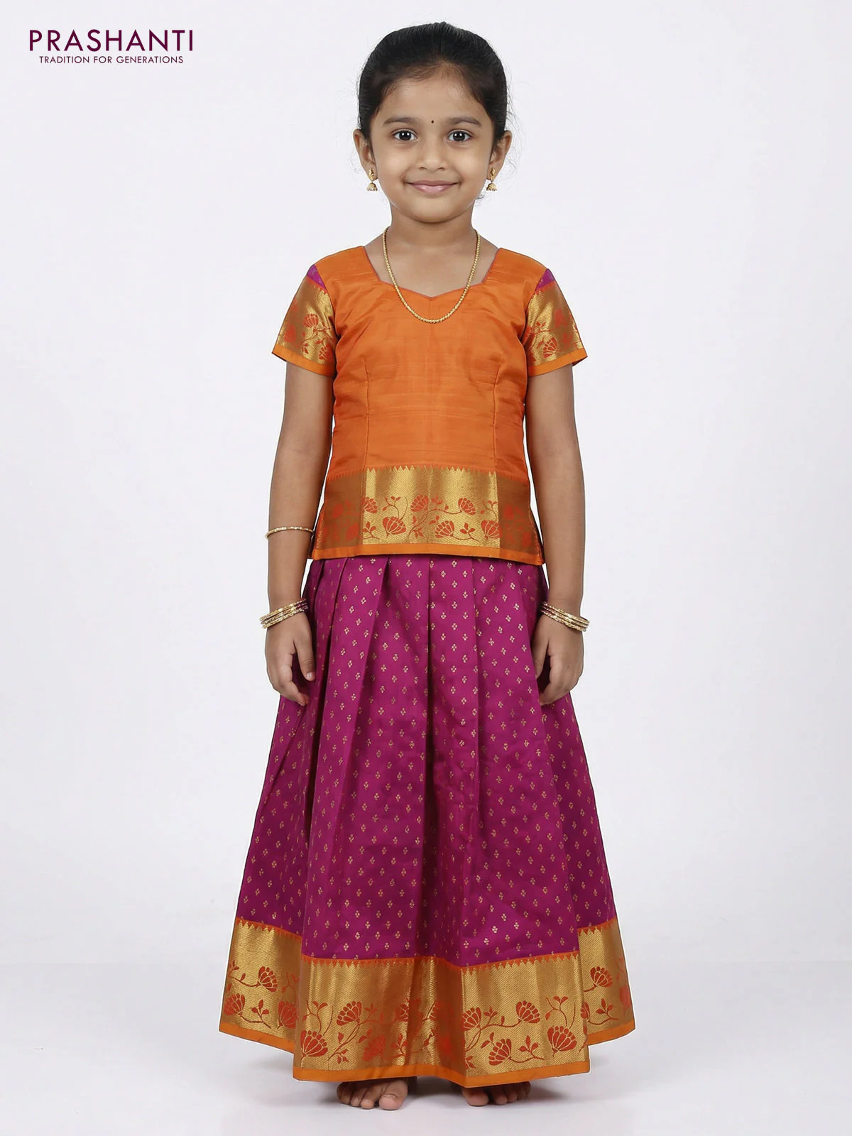 Pure silk unstitched kids lehenga dual shade of purple and sunset orange with allover zari woven buttas and rich zari woven border - Image 2