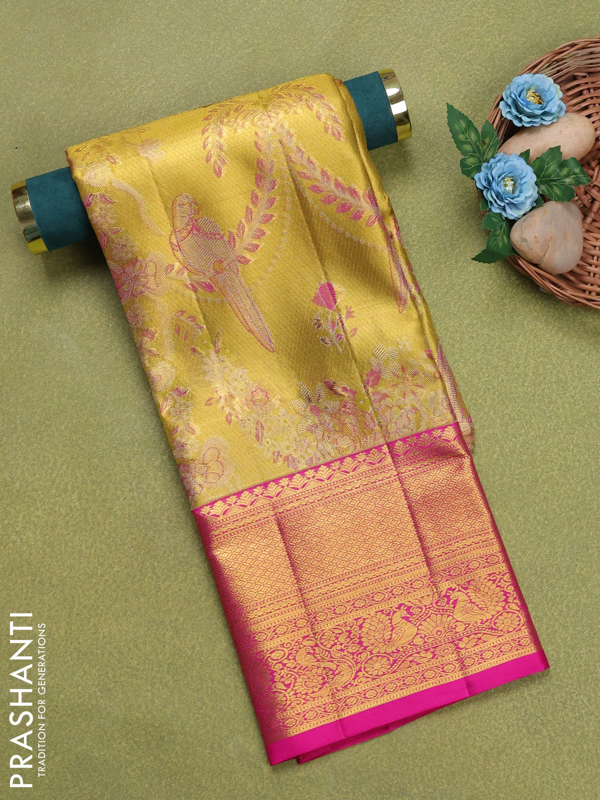 Pure silk unstitched kids lehenga gold and pink with allover silver zari woven brocade weaves and rich zari woven border
