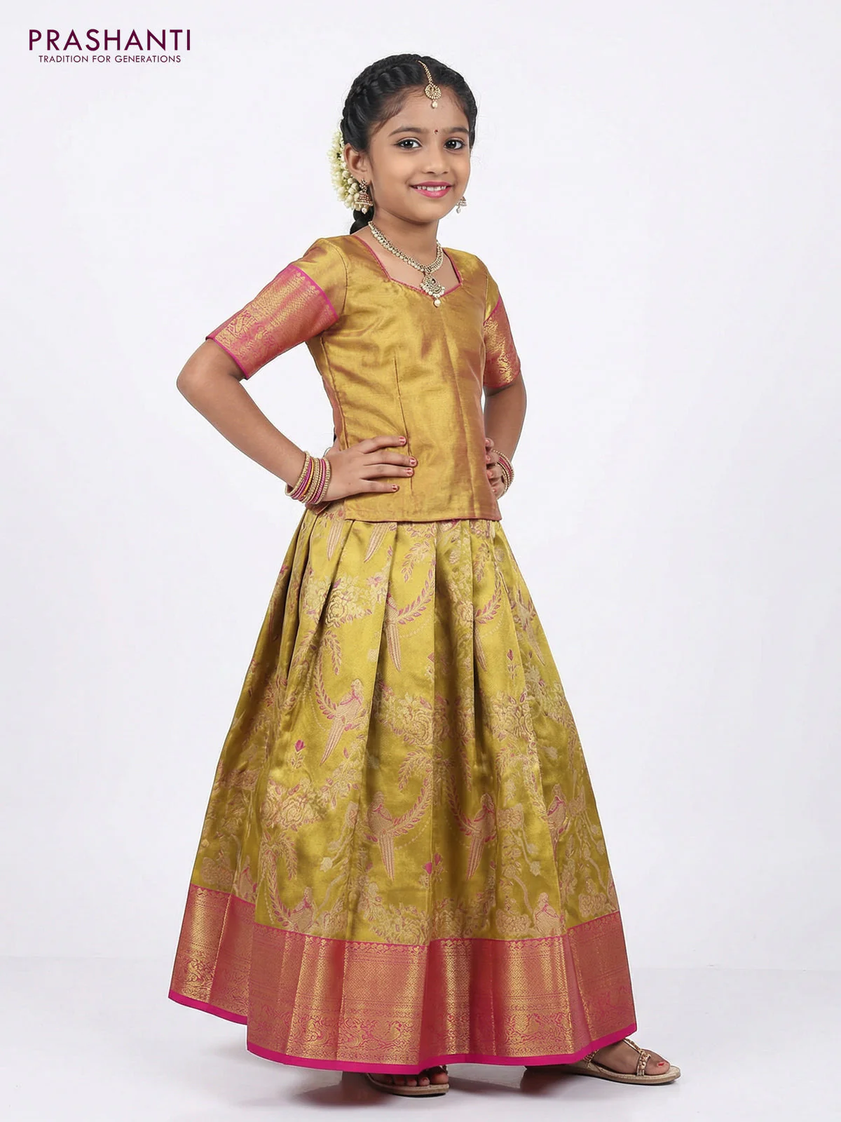 Pure silk unstitched kids lehenga gold and pink with allover silver zari woven brocade weaves and rich zari woven border - Image 2