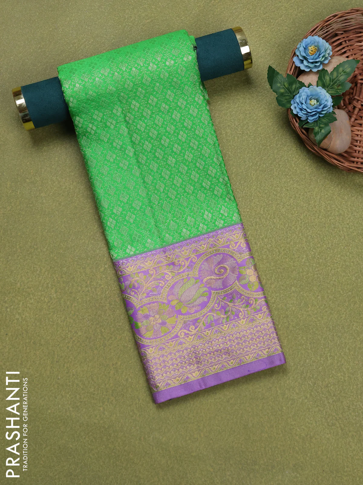 Pure silk unstitched kids lehenga green and lavender with allover silver zari woven brocade weaves and rich zari woven border