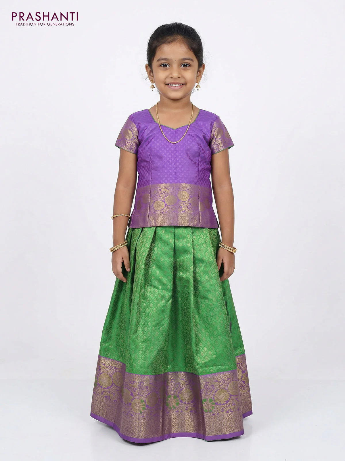 Pure silk unstitched kids lehenga green and lavender with allover silver zari woven brocade weaves and rich zari woven border - Image 2