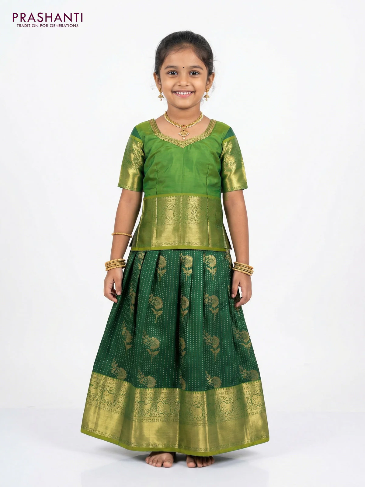 Pure silk unstitched kids lehenga green and light green with allover zari weaves and rich zari woven border - Image 2