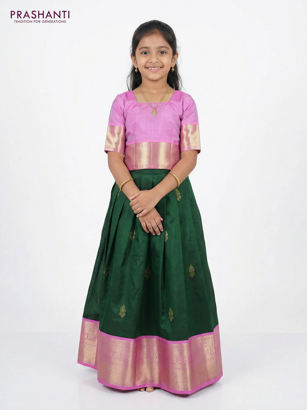 Pure silk unstitched kids lehenga green and lotus pink with zari woven buttas and rich zari woven border - Image 2