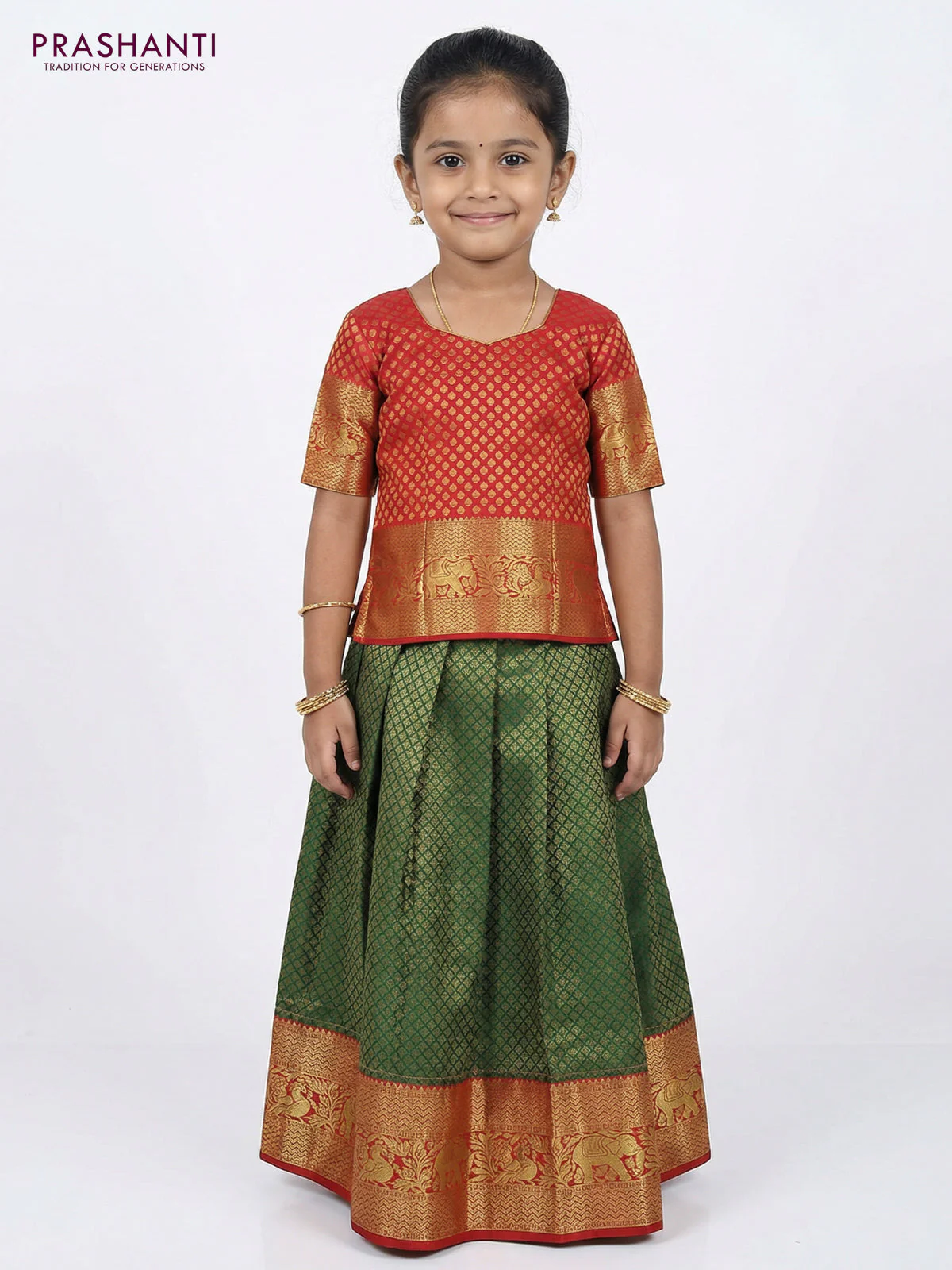 Pure silk unstitched kids lehenga green and red with allover zari woven brocade weaves and rich zari woven border - Image 2