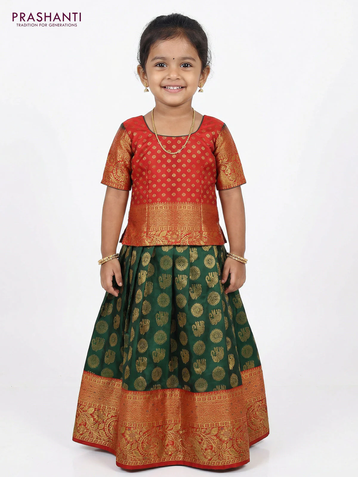 Pure silk unstitched kids lehenga green and red with allover zari woven buttas and rich zari woven border - Image 2
