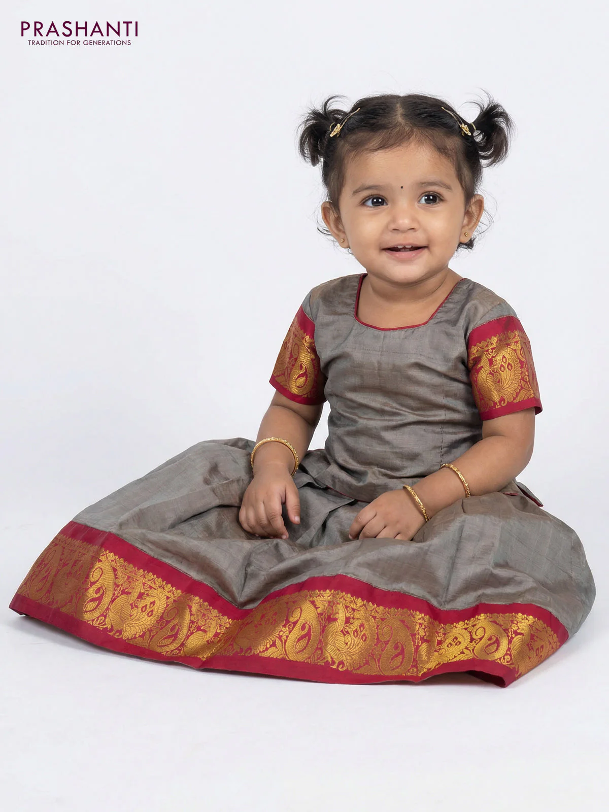 Pure silk unstitched kids lehenga grey and pink with plain body and zari woven border - Image 2
