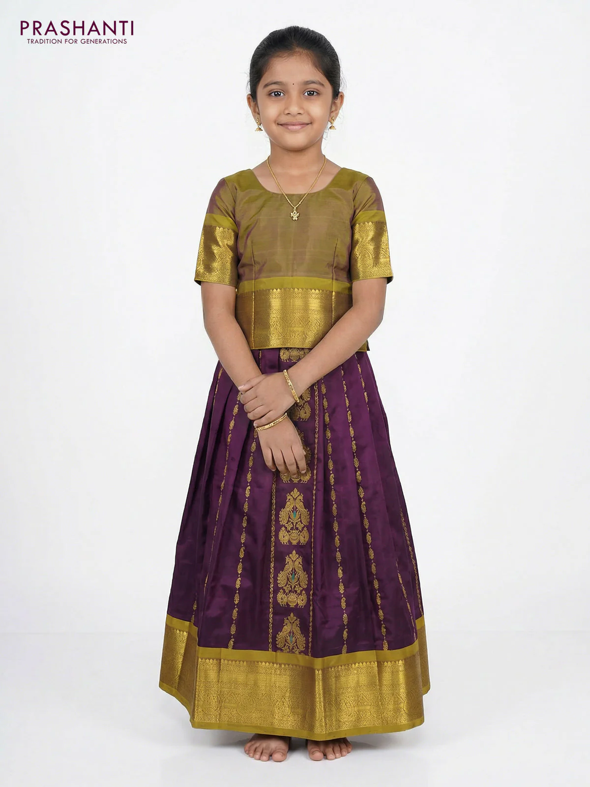 Pure silk unstitched kids lehenga jamun shade and mehendi green with allover zari weaves and rich zari woven border - Image 2