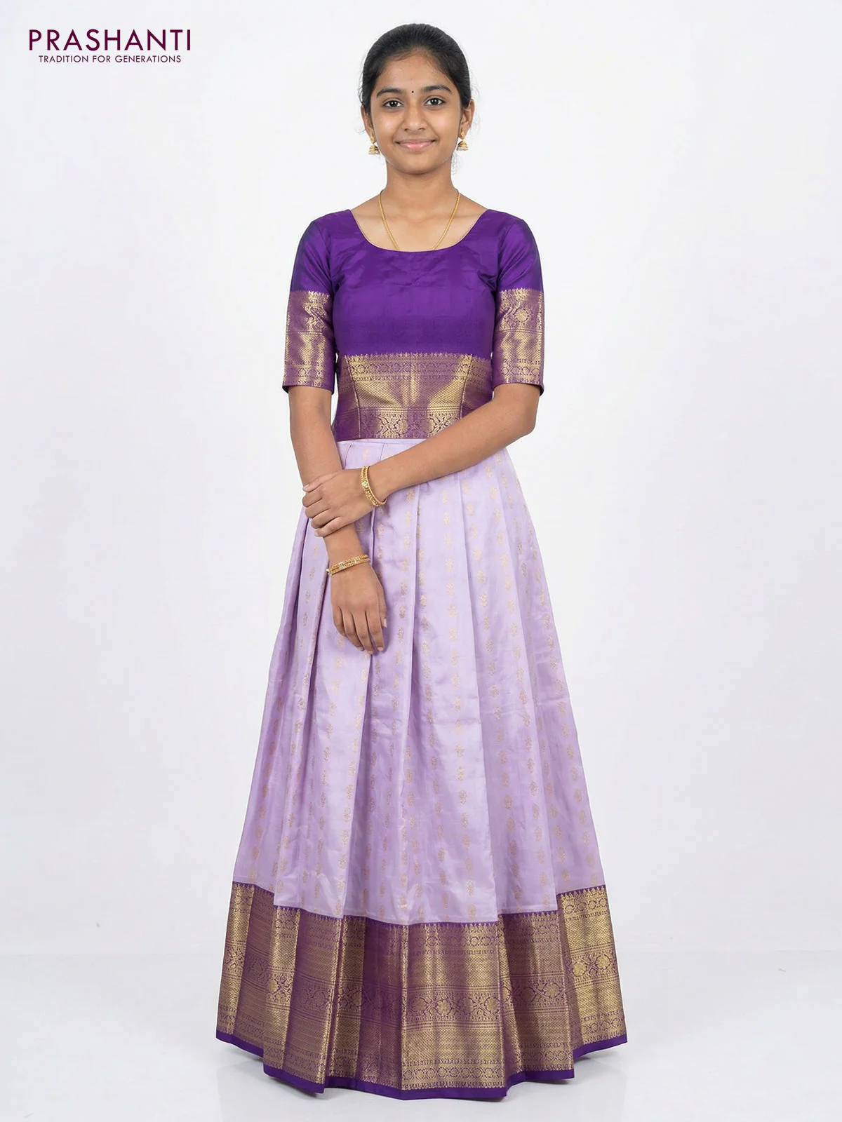 Pure silk unstitched kids lehenga lavender and purple with allover zari woven buttas and long zari woven border - Image 2